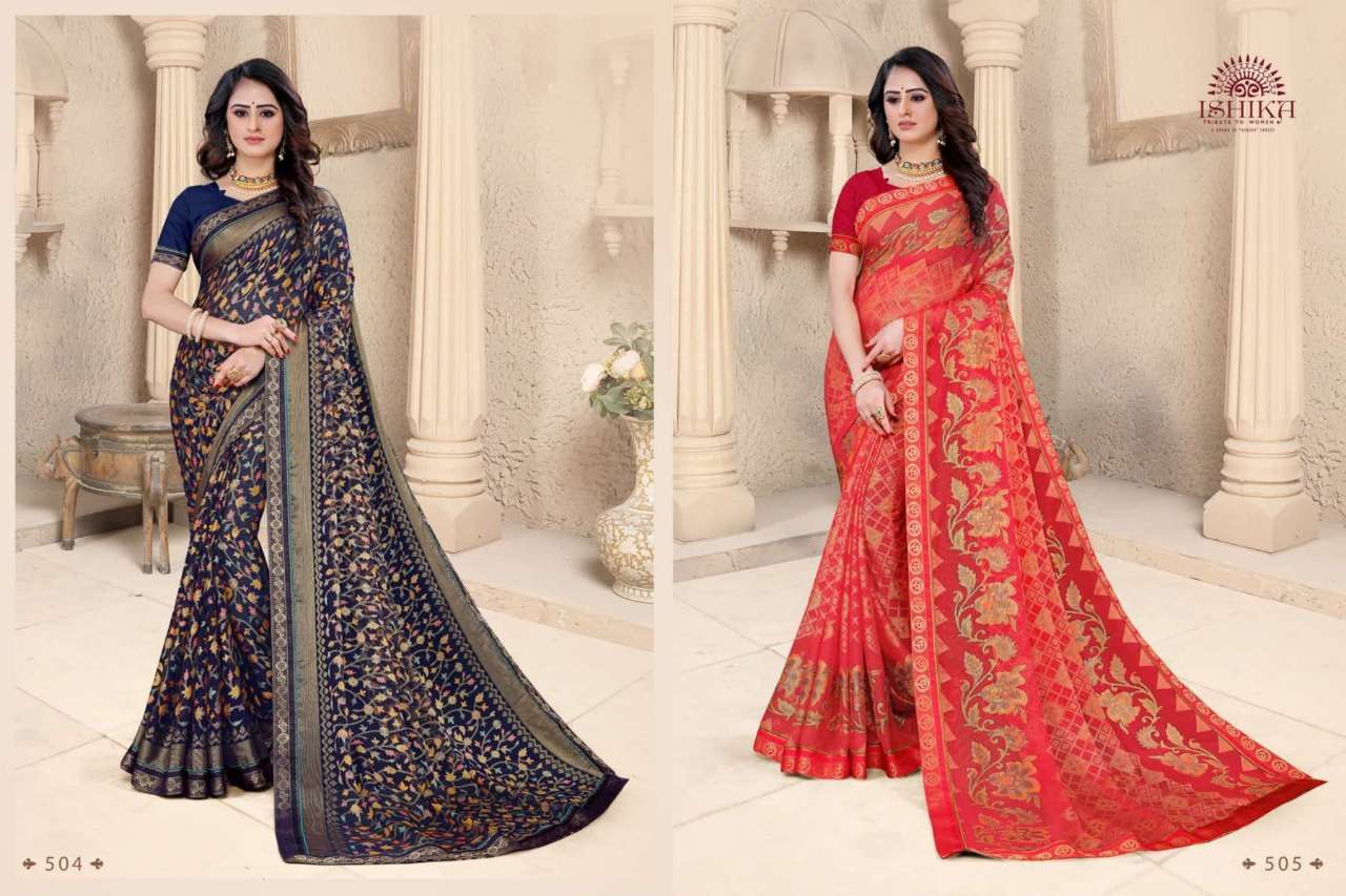 VARNIKA BRASSO BY ISHIKA FASHION 501 TO 506 SERIES INDIAN TRADITIONAL WEAR COLLECTION BEAUTIFUL STYLISH FANCY COLORFUL PARTY WEAR & OCCASIONAL WEAR CHIFFON BRASSO PRINT SAREES AT WHOLESALE PRICE
