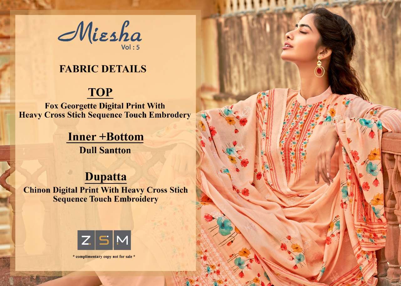 MIESHA VOL-5 BY ZSM 5001 TO 5008 SERIES BEAUTIFUL SUITS COLORFUL STYLISH FANCY CASUAL WEAR & ETHNIC WEAR FAUX GEORGETTE DIGITAL PRINT EMBROIDERED DRESSES AT WHOLESALE PRICE