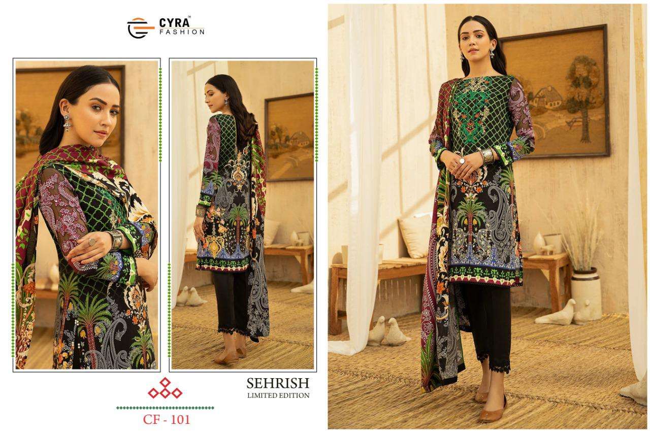 SEHRISH LIMITED EDITION BY CYRA FASHION 101 TO 103 SERIES DESIGNER PAKISTANI SUITS COLLECTION BEAUTIFUL STYLISH FANCY COLORFUL PARTY WEAR & OCCASIONAL WEAR COTTON DIGITAL PRINT WITH WORK DRESSES AT WHOLESALE PRICE