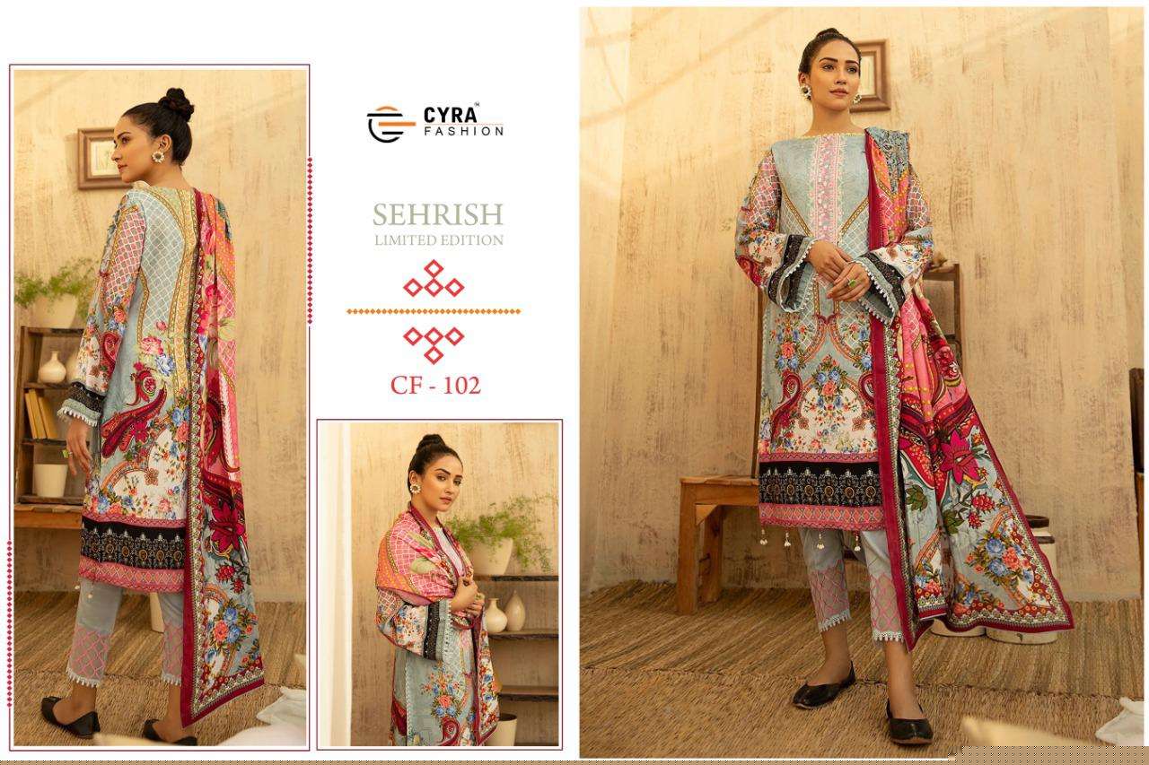 SEHRISH LIMITED EDITION BY CYRA FASHION 101 TO 103 SERIES DESIGNER PAKISTANI SUITS COLLECTION BEAUTIFUL STYLISH FANCY COLORFUL PARTY WEAR & OCCASIONAL WEAR COTTON DIGITAL PRINT WITH WORK DRESSES AT WHOLESALE PRICE