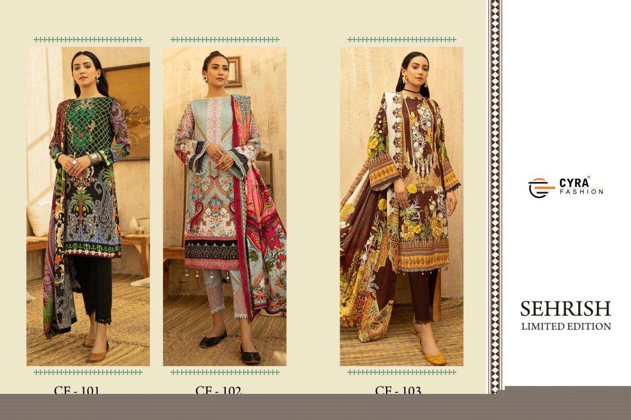 SEHRISH LIMITED EDITION BY CYRA FASHION 101 TO 103 SERIES DESIGNER PAKISTANI SUITS COLLECTION BEAUTIFUL STYLISH FANCY COLORFUL PARTY WEAR & OCCASIONAL WEAR COTTON DIGITAL PRINT WITH WORK DRESSES AT WHOLESALE PRICE