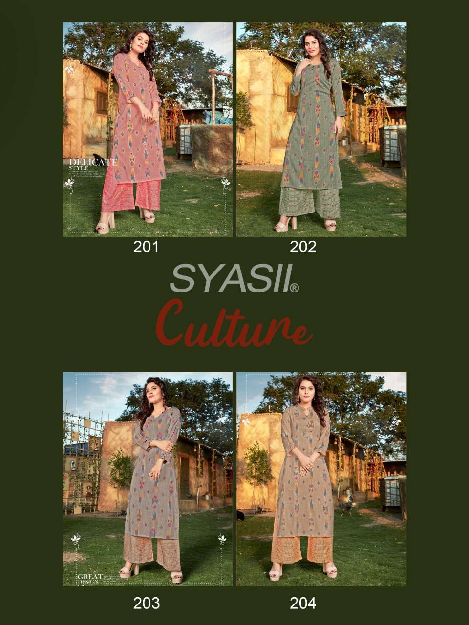 CULTURE VOL-2 BY SYASII 201 TO 204 SERIES DESIGNER STYLISH FANCY COLORFUL BEAUTIFUL PARTY WEAR & ETHNIC WEAR COLLECTION RAYON FOIL PRINT KURTIS WITH BOTTOM AT WHOLESALE PRICE