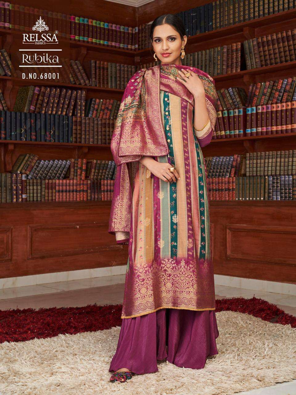 RUBIKA BY RELSSA FABRICS 68001 TO 68006 SERIES BEAUTIFUL SUITS COLORFUL STYLISH FANCY CASUAL WEAR & ETHNIC WEAR TANSUI SILK DIGITAL PRINT DRESSES AT WHOLESALE PRICE