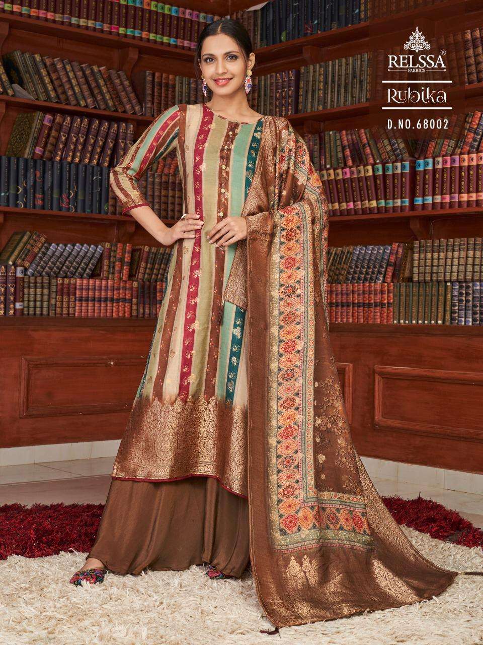 RUBIKA BY RELSSA FABRICS 68001 TO 68006 SERIES BEAUTIFUL SUITS COLORFUL STYLISH FANCY CASUAL WEAR & ETHNIC WEAR TANSUI SILK DIGITAL PRINT DRESSES AT WHOLESALE PRICE