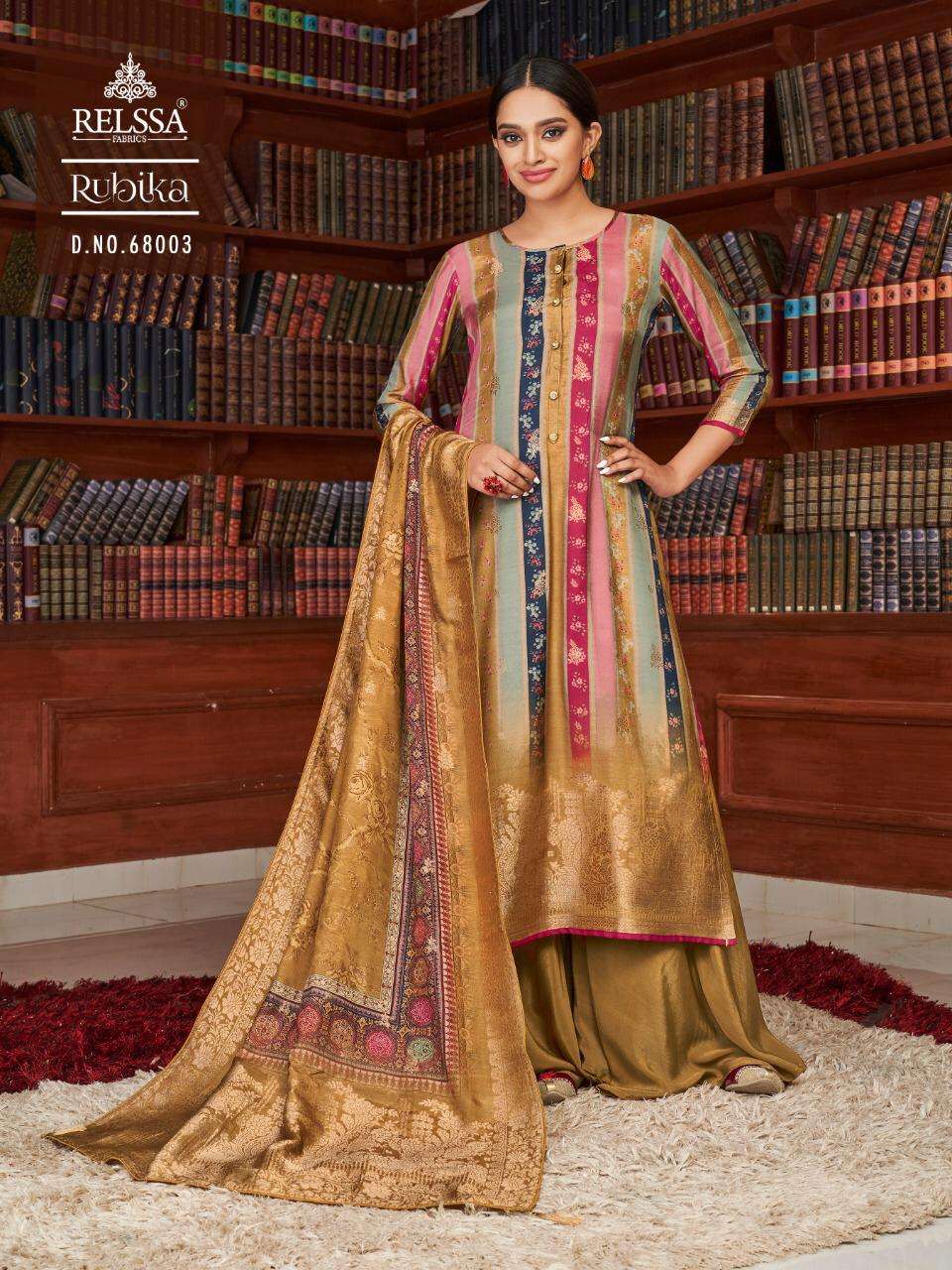 RUBIKA BY RELSSA FABRICS 68001 TO 68006 SERIES BEAUTIFUL SUITS COLORFUL STYLISH FANCY CASUAL WEAR & ETHNIC WEAR TANSUI SILK DIGITAL PRINT DRESSES AT WHOLESALE PRICE