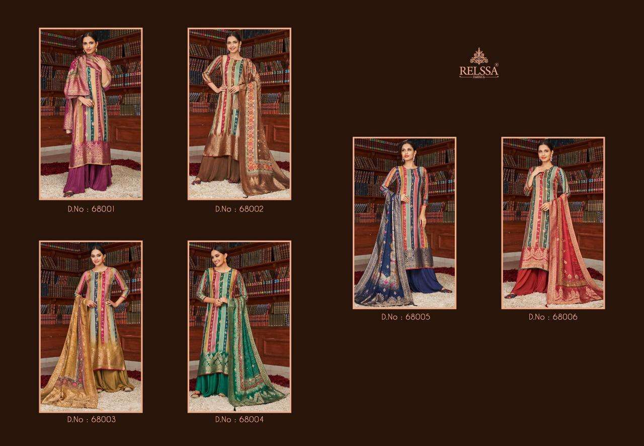 RUBIKA BY RELSSA FABRICS 68001 TO 68006 SERIES BEAUTIFUL SUITS COLORFUL STYLISH FANCY CASUAL WEAR & ETHNIC WEAR TANSUI SILK DIGITAL PRINT DRESSES AT WHOLESALE PRICE