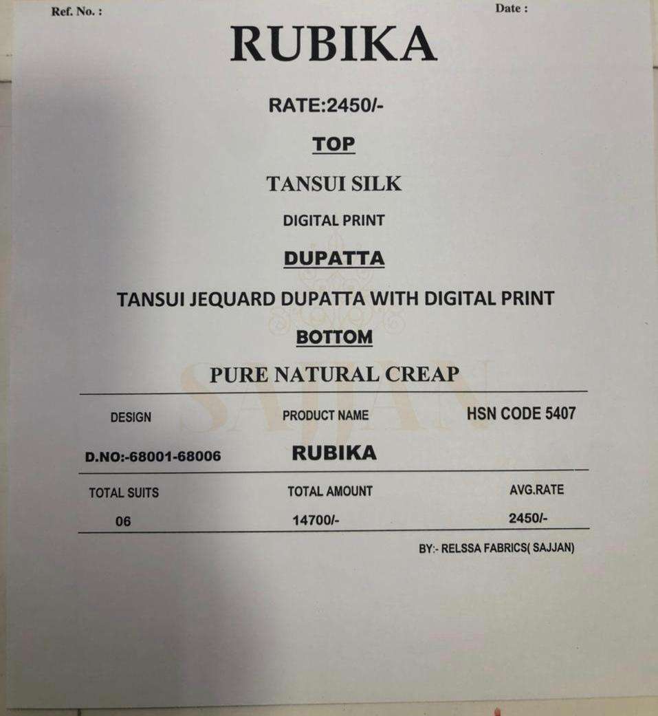 RUBIKA BY RELSSA FABRICS 68001 TO 68006 SERIES BEAUTIFUL SUITS COLORFUL STYLISH FANCY CASUAL WEAR & ETHNIC WEAR TANSUI SILK DIGITAL PRINT DRESSES AT WHOLESALE PRICE