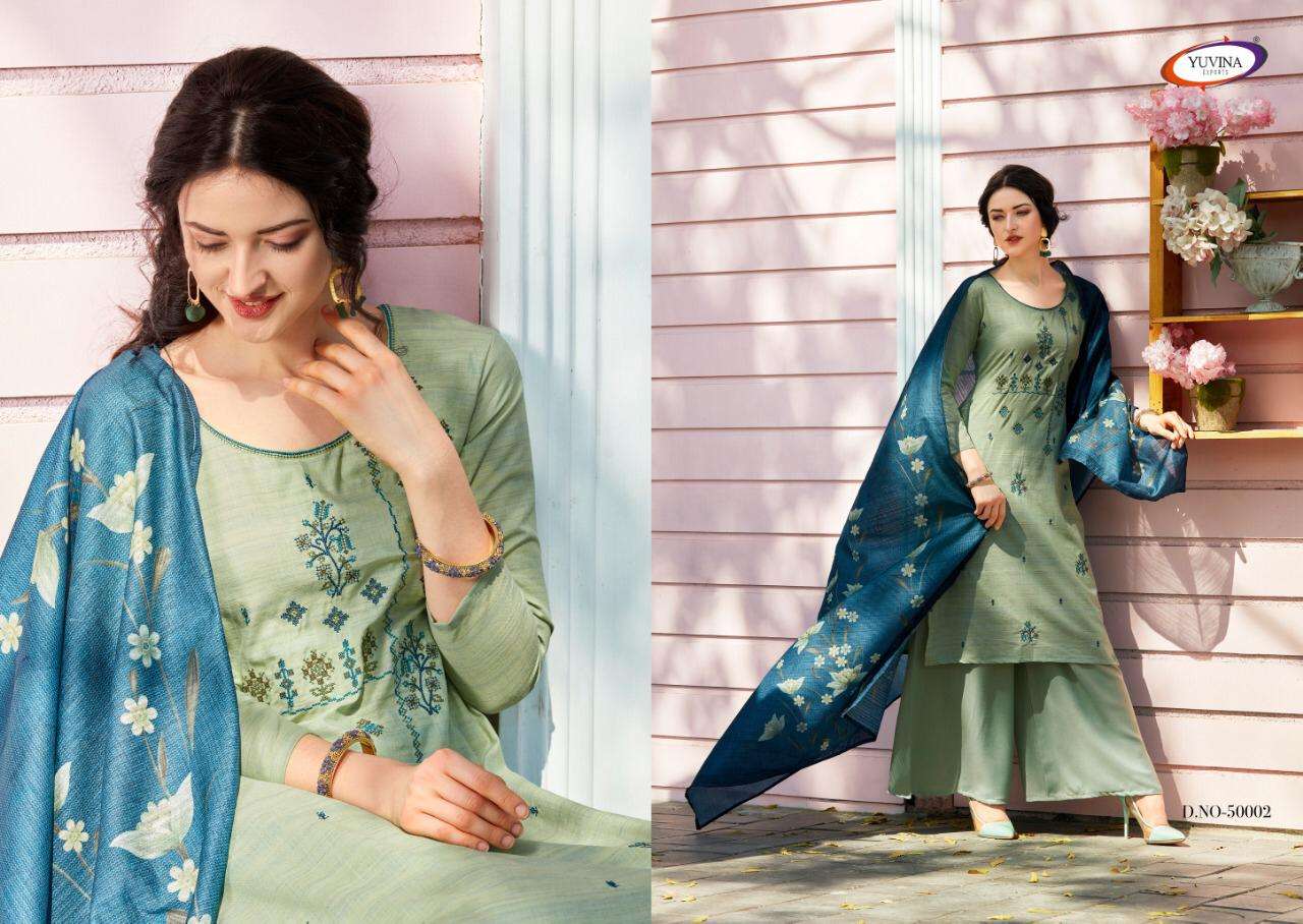 KIARA BY YUVINA EXPORTS 50001 TO 50006 SERIES DESIGNER SUITS BEAUTIFUL STYLISH FANCY COLORFUL PARTY WEAR & ETHNIC WEAR DYED COTTON EMBROIDERED DRESSES AT WHOLESALE PRICE