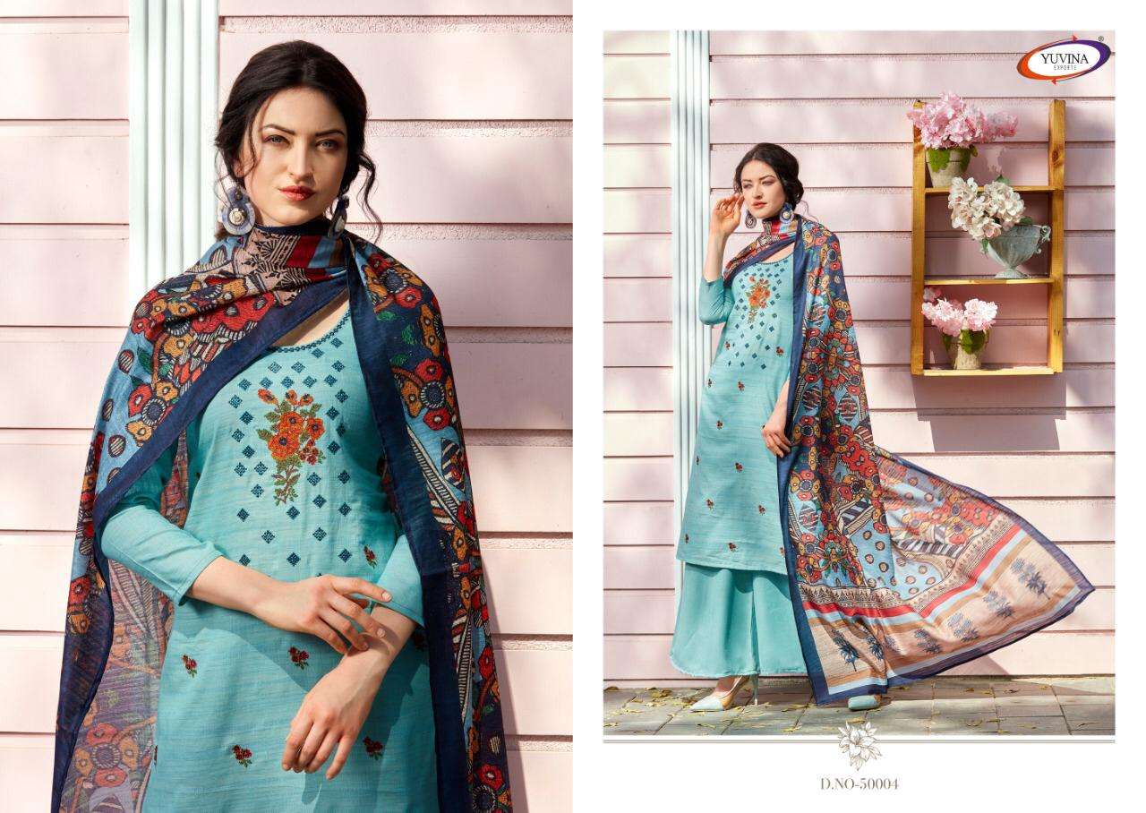 KIARA BY YUVINA EXPORTS 50001 TO 50006 SERIES DESIGNER SUITS BEAUTIFUL STYLISH FANCY COLORFUL PARTY WEAR & ETHNIC WEAR DYED COTTON EMBROIDERED DRESSES AT WHOLESALE PRICE