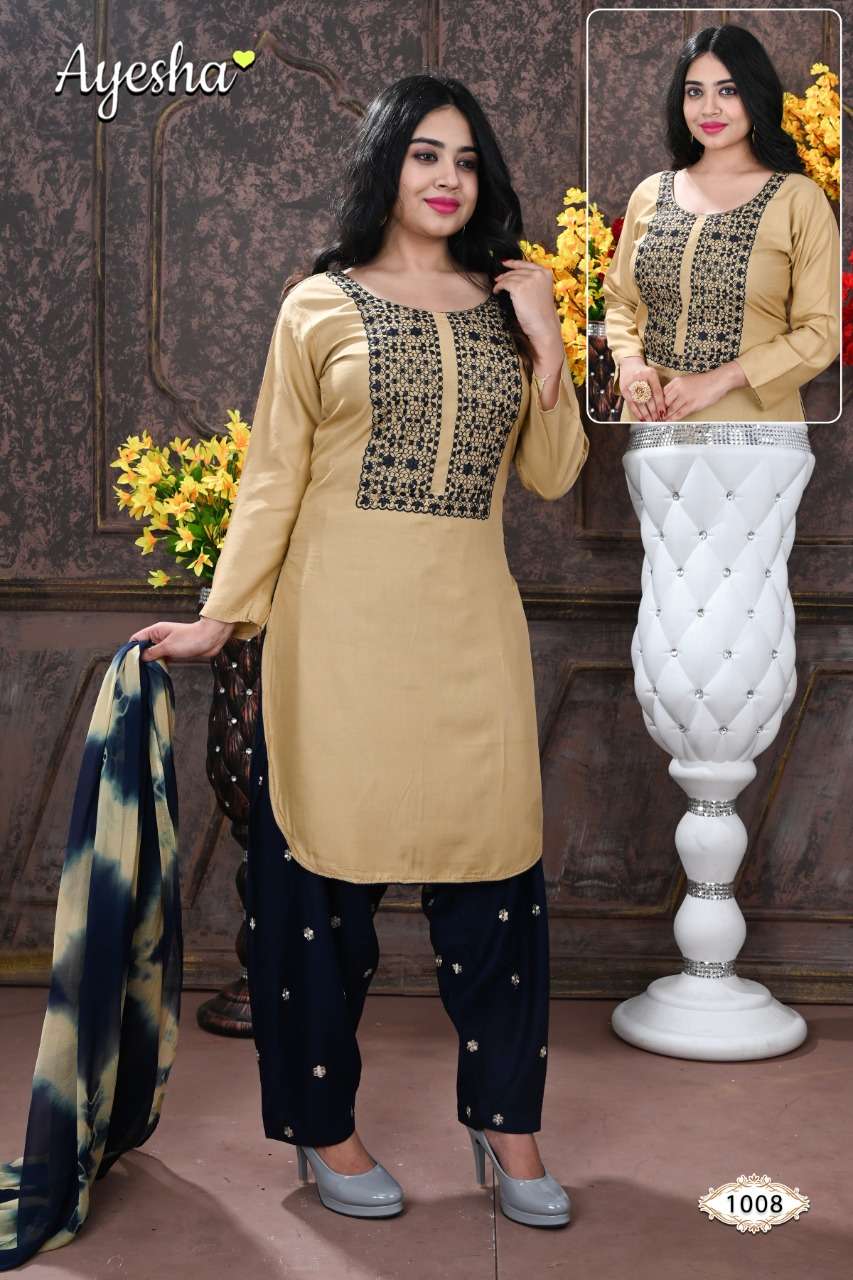 NIKKI VOL-1 BY AYESHA 1001 TO 1008 SERIES BEAUTIFUL STYLISH SHARARA SUITS FANCY COLORFUL CASUAL WEAR & ETHNIC WEAR & READY TO WEAR RAYON EMBROIDERED DRESSES AT WHOLESALE PRICE