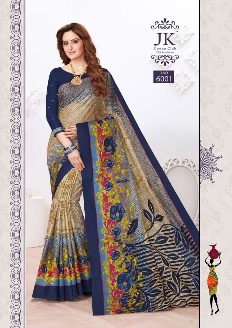 TULSI VOL-6 BY JK COTTON CLUB 6001 TO 6020 SERIES INDIAN TRADITIONAL WEAR COLLECTION BEAUTIFUL STYLISH FANCY COLORFUL PARTY WEAR & OCCASIONAL WEAR PURE COTTON SAREES AT WHOLESALE PRICE