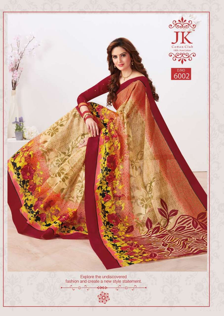 TULSI VOL-6 BY JK COTTON CLUB 6001 TO 6020 SERIES INDIAN TRADITIONAL WEAR COLLECTION BEAUTIFUL STYLISH FANCY COLORFUL PARTY WEAR & OCCASIONAL WEAR PURE COTTON SAREES AT WHOLESALE PRICE