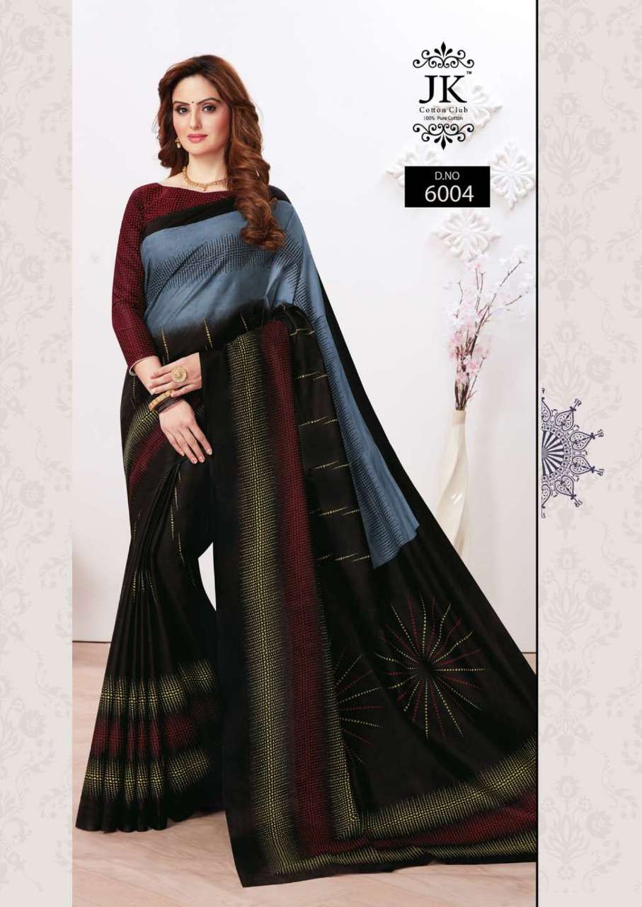 TULSI VOL-6 BY JK COTTON CLUB 6001 TO 6020 SERIES INDIAN TRADITIONAL WEAR COLLECTION BEAUTIFUL STYLISH FANCY COLORFUL PARTY WEAR & OCCASIONAL WEAR PURE COTTON SAREES AT WHOLESALE PRICE