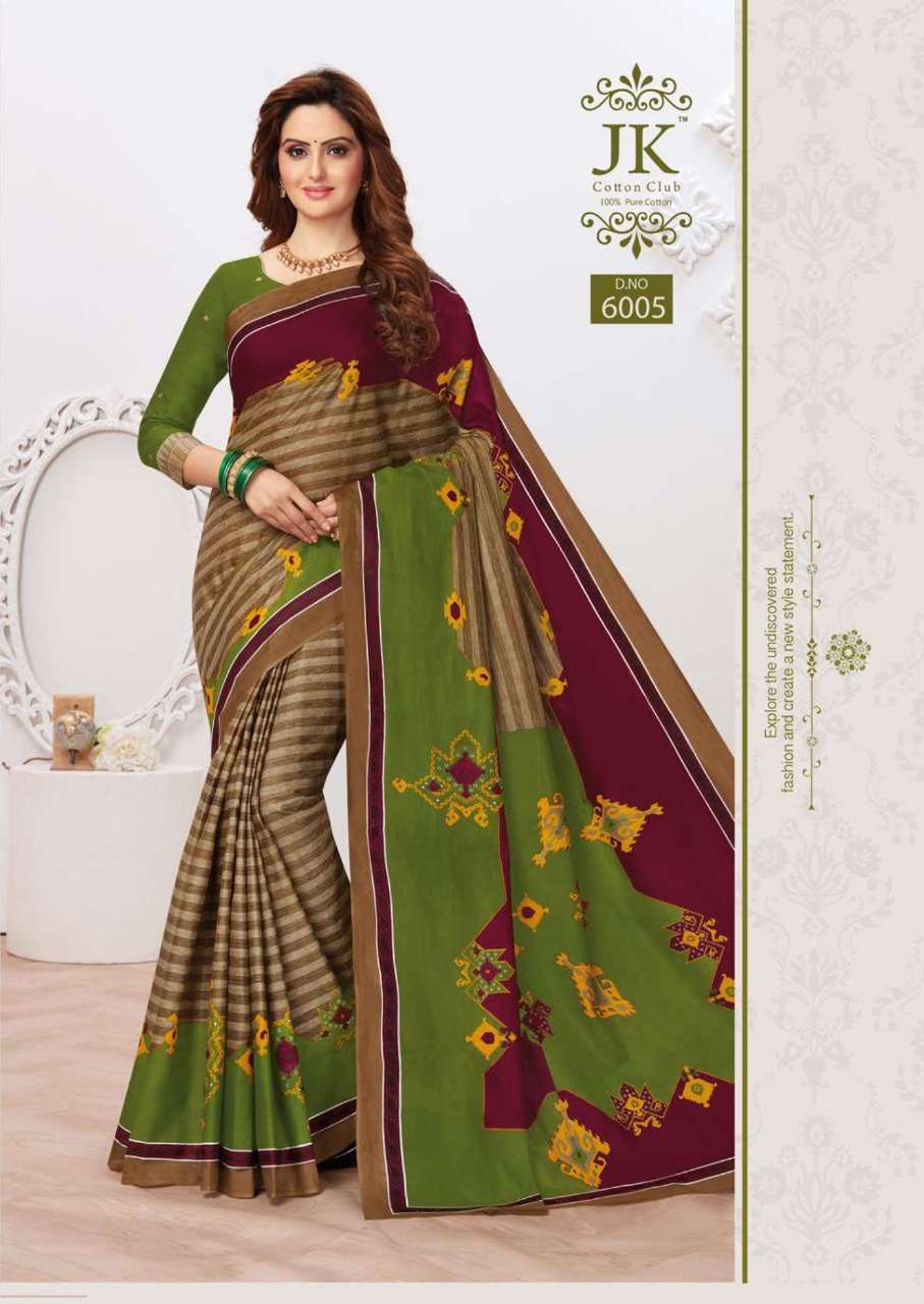 TULSI VOL-6 BY JK COTTON CLUB 6001 TO 6020 SERIES INDIAN TRADITIONAL WEAR COLLECTION BEAUTIFUL STYLISH FANCY COLORFUL PARTY WEAR & OCCASIONAL WEAR PURE COTTON SAREES AT WHOLESALE PRICE