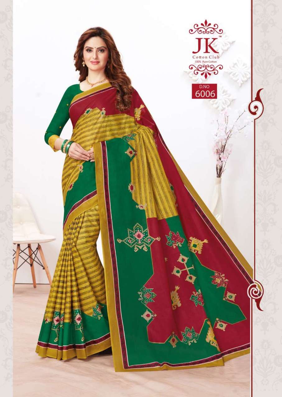 TULSI VOL-6 BY JK COTTON CLUB 6001 TO 6020 SERIES INDIAN TRADITIONAL WEAR COLLECTION BEAUTIFUL STYLISH FANCY COLORFUL PARTY WEAR & OCCASIONAL WEAR PURE COTTON SAREES AT WHOLESALE PRICE