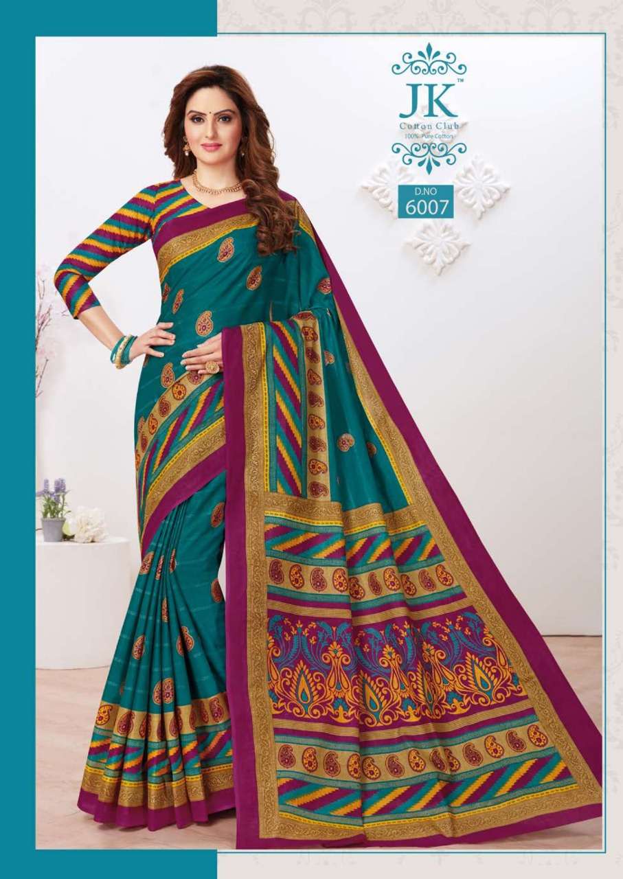TULSI VOL-6 BY JK COTTON CLUB 6001 TO 6020 SERIES INDIAN TRADITIONAL WEAR COLLECTION BEAUTIFUL STYLISH FANCY COLORFUL PARTY WEAR & OCCASIONAL WEAR PURE COTTON SAREES AT WHOLESALE PRICE