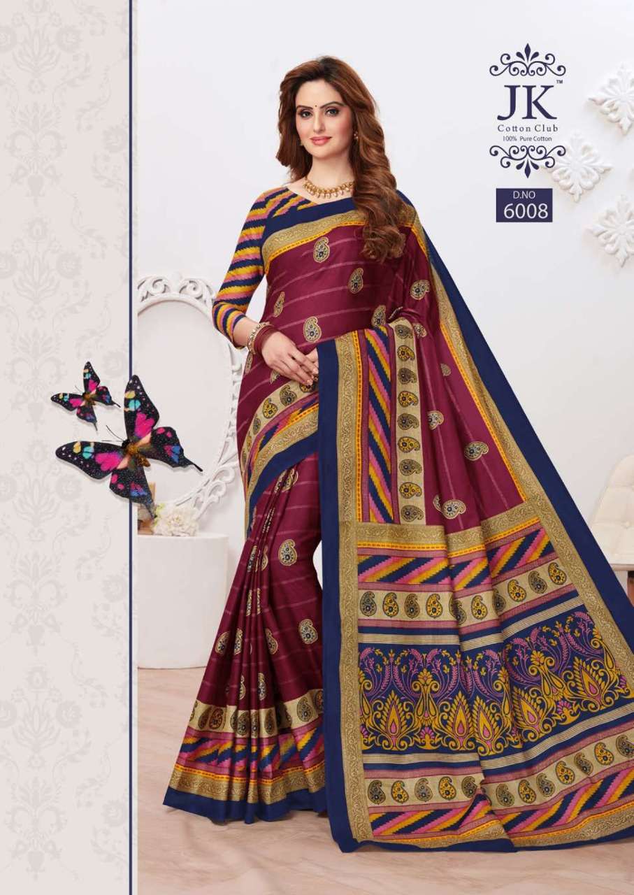 TULSI VOL-6 BY JK COTTON CLUB 6001 TO 6020 SERIES INDIAN TRADITIONAL WEAR COLLECTION BEAUTIFUL STYLISH FANCY COLORFUL PARTY WEAR & OCCASIONAL WEAR PURE COTTON SAREES AT WHOLESALE PRICE
