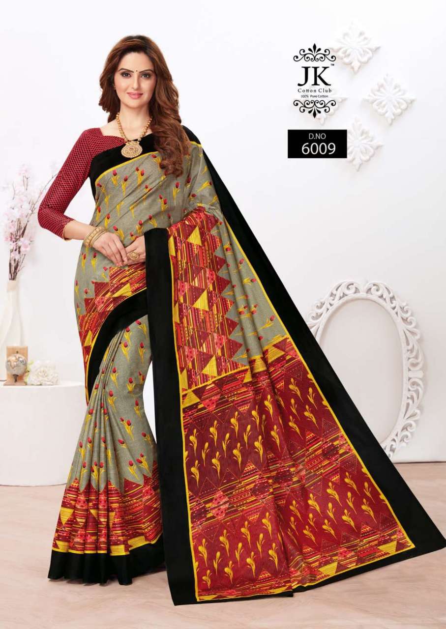 TULSI VOL-6 BY JK COTTON CLUB 6001 TO 6020 SERIES INDIAN TRADITIONAL WEAR COLLECTION BEAUTIFUL STYLISH FANCY COLORFUL PARTY WEAR & OCCASIONAL WEAR PURE COTTON SAREES AT WHOLESALE PRICE