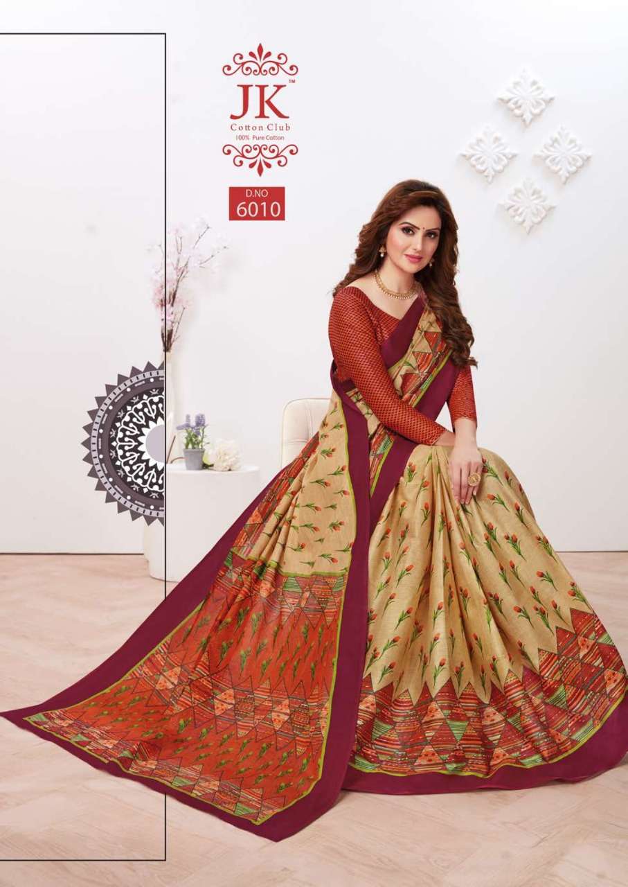 TULSI VOL-6 BY JK COTTON CLUB 6001 TO 6020 SERIES INDIAN TRADITIONAL WEAR COLLECTION BEAUTIFUL STYLISH FANCY COLORFUL PARTY WEAR & OCCASIONAL WEAR PURE COTTON SAREES AT WHOLESALE PRICE