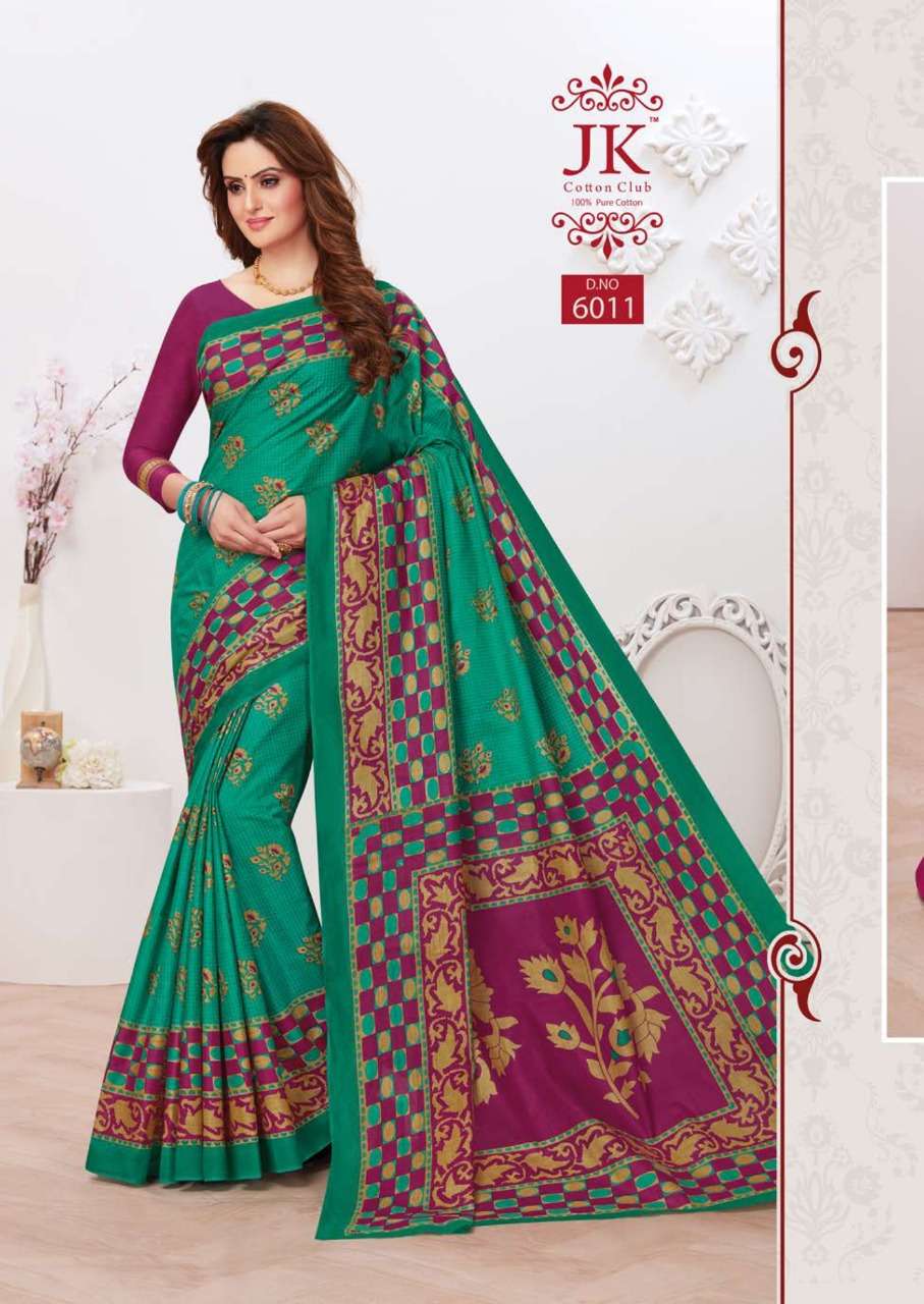 TULSI VOL-6 BY JK COTTON CLUB 6001 TO 6020 SERIES INDIAN TRADITIONAL WEAR COLLECTION BEAUTIFUL STYLISH FANCY COLORFUL PARTY WEAR & OCCASIONAL WEAR PURE COTTON SAREES AT WHOLESALE PRICE