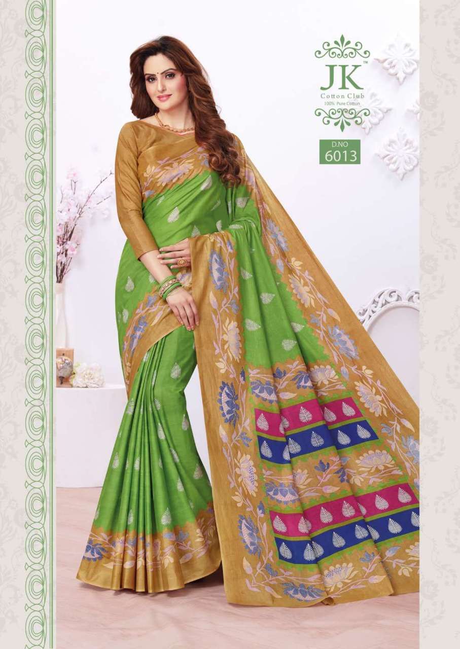 TULSI VOL-6 BY JK COTTON CLUB 6001 TO 6020 SERIES INDIAN TRADITIONAL WEAR COLLECTION BEAUTIFUL STYLISH FANCY COLORFUL PARTY WEAR & OCCASIONAL WEAR PURE COTTON SAREES AT WHOLESALE PRICE