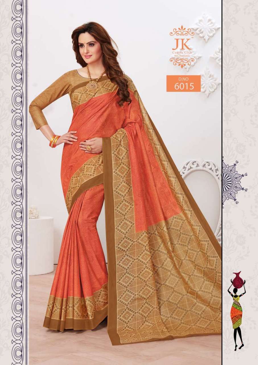 TULSI VOL-6 BY JK COTTON CLUB 6001 TO 6020 SERIES INDIAN TRADITIONAL WEAR COLLECTION BEAUTIFUL STYLISH FANCY COLORFUL PARTY WEAR & OCCASIONAL WEAR PURE COTTON SAREES AT WHOLESALE PRICE