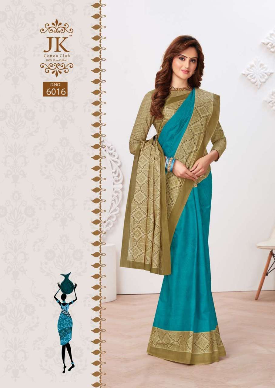 TULSI VOL-6 BY JK COTTON CLUB 6001 TO 6020 SERIES INDIAN TRADITIONAL WEAR COLLECTION BEAUTIFUL STYLISH FANCY COLORFUL PARTY WEAR & OCCASIONAL WEAR PURE COTTON SAREES AT WHOLESALE PRICE