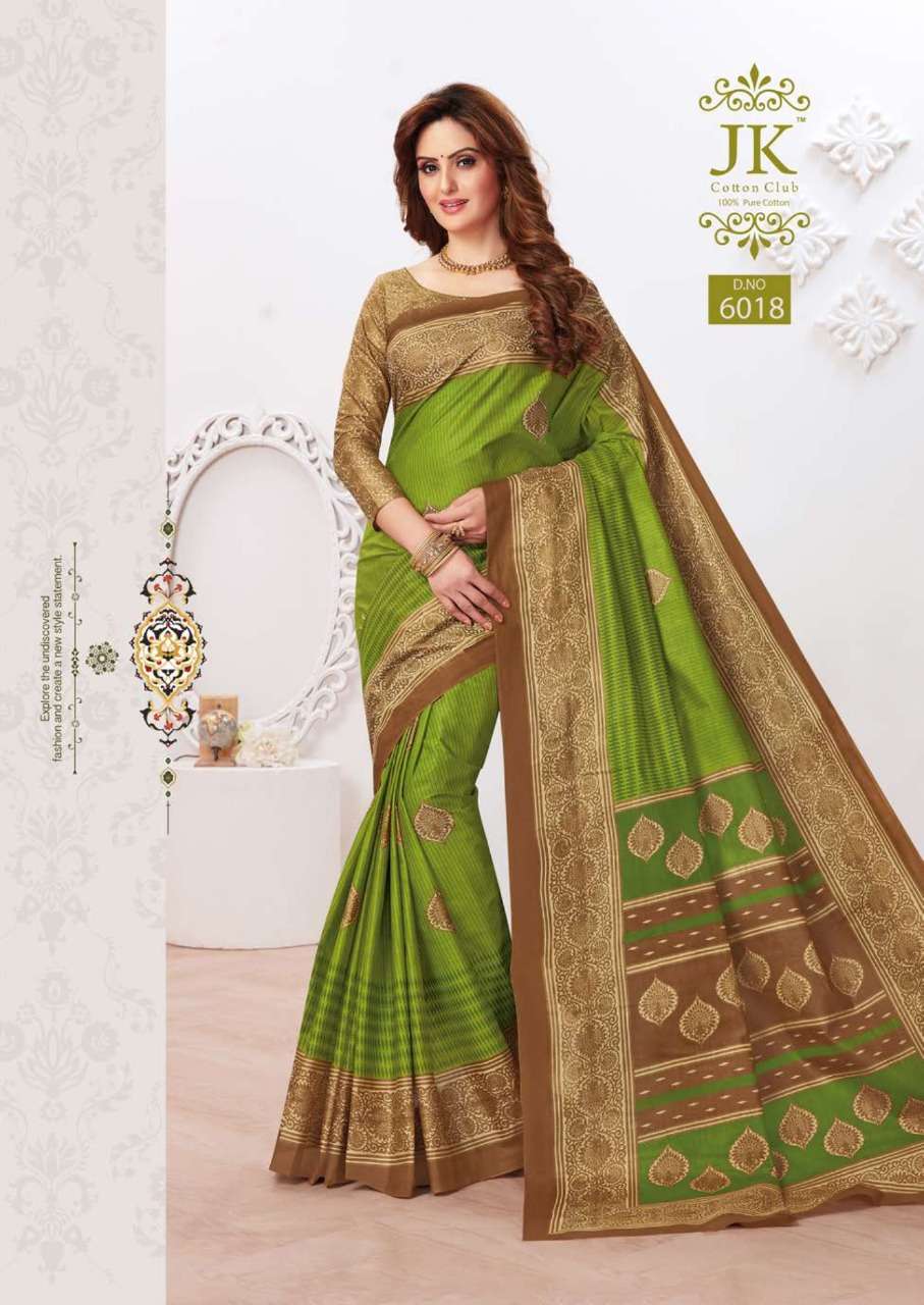 TULSI VOL-6 BY JK COTTON CLUB 6001 TO 6020 SERIES INDIAN TRADITIONAL WEAR COLLECTION BEAUTIFUL STYLISH FANCY COLORFUL PARTY WEAR & OCCASIONAL WEAR PURE COTTON SAREES AT WHOLESALE PRICE