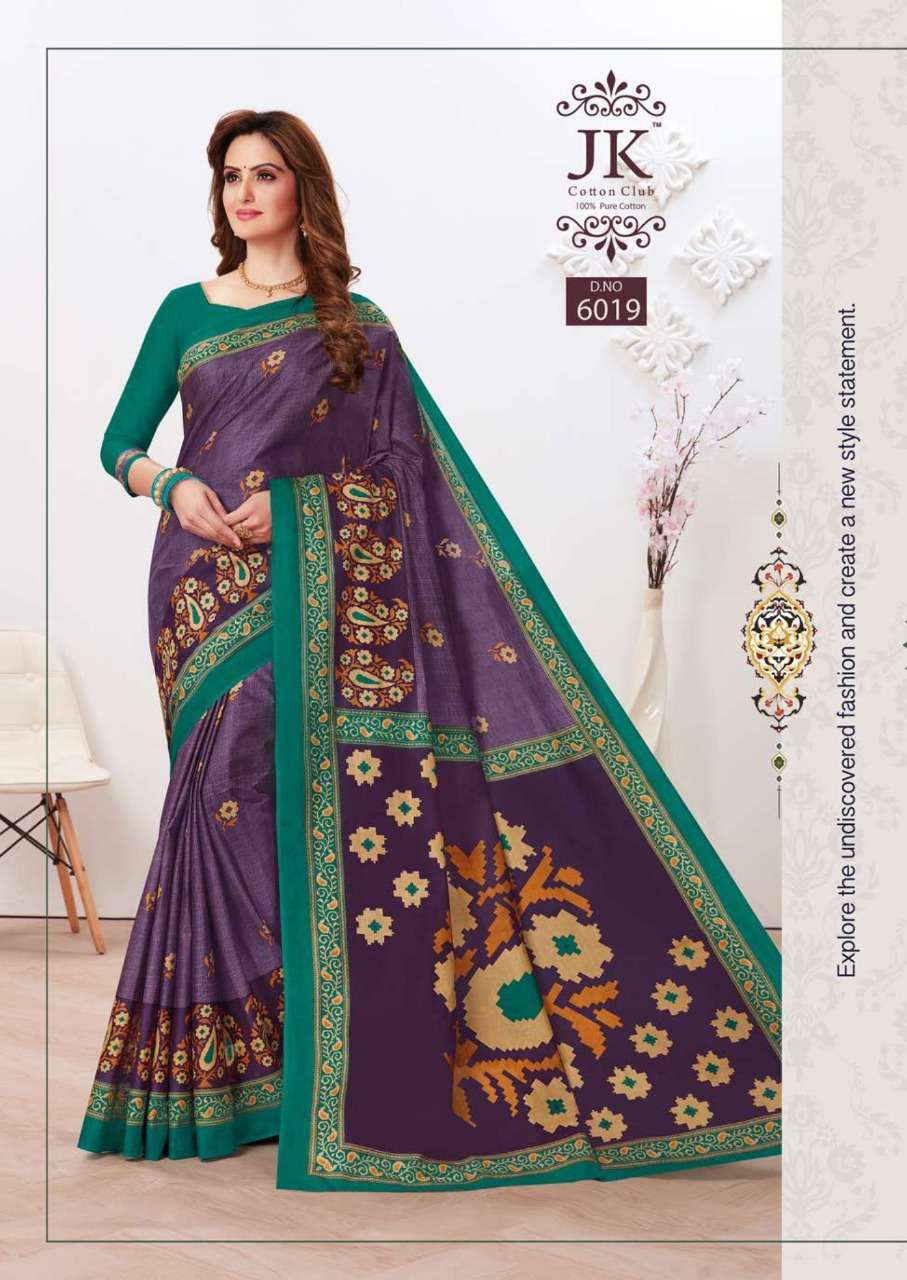 TULSI VOL-6 BY JK COTTON CLUB 6001 TO 6020 SERIES INDIAN TRADITIONAL WEAR COLLECTION BEAUTIFUL STYLISH FANCY COLORFUL PARTY WEAR & OCCASIONAL WEAR PURE COTTON SAREES AT WHOLESALE PRICE