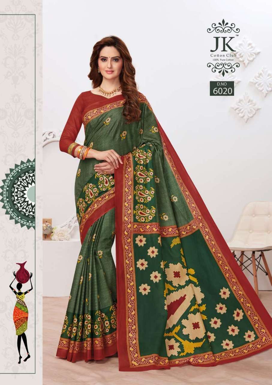 TULSI VOL-6 BY JK COTTON CLUB 6001 TO 6020 SERIES INDIAN TRADITIONAL WEAR COLLECTION BEAUTIFUL STYLISH FANCY COLORFUL PARTY WEAR & OCCASIONAL WEAR PURE COTTON SAREES AT WHOLESALE PRICE