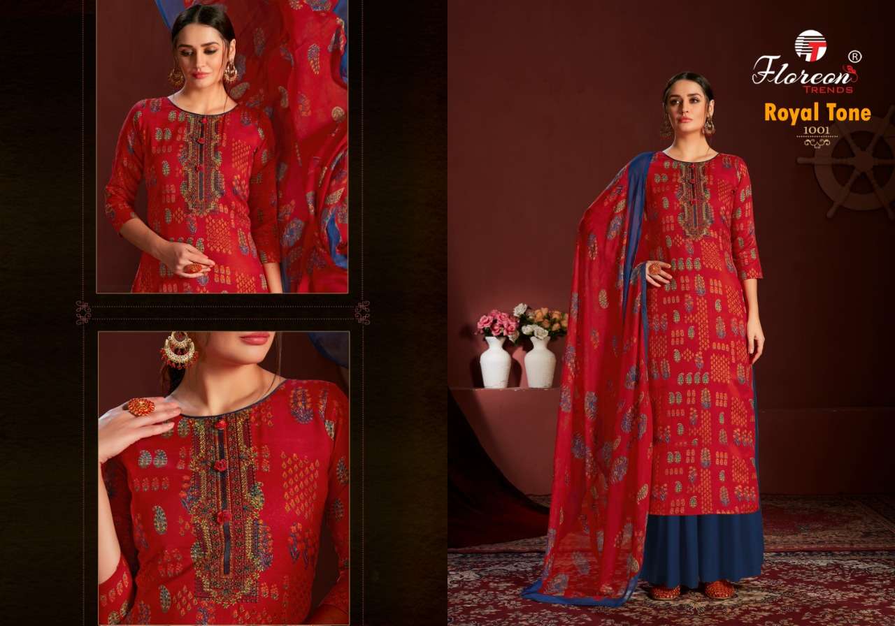 ROYAL TONE BY FLOREON TRENDS 1001 TO 1010 SERIES BEAUTIFUL SUITS COLORFUL STYLISH FANCY CASUAL WEAR & ETHNIC WEAR GLACE SATIN COTTON EMBROIDERED DRESSES AT WHOLESALE PRICE