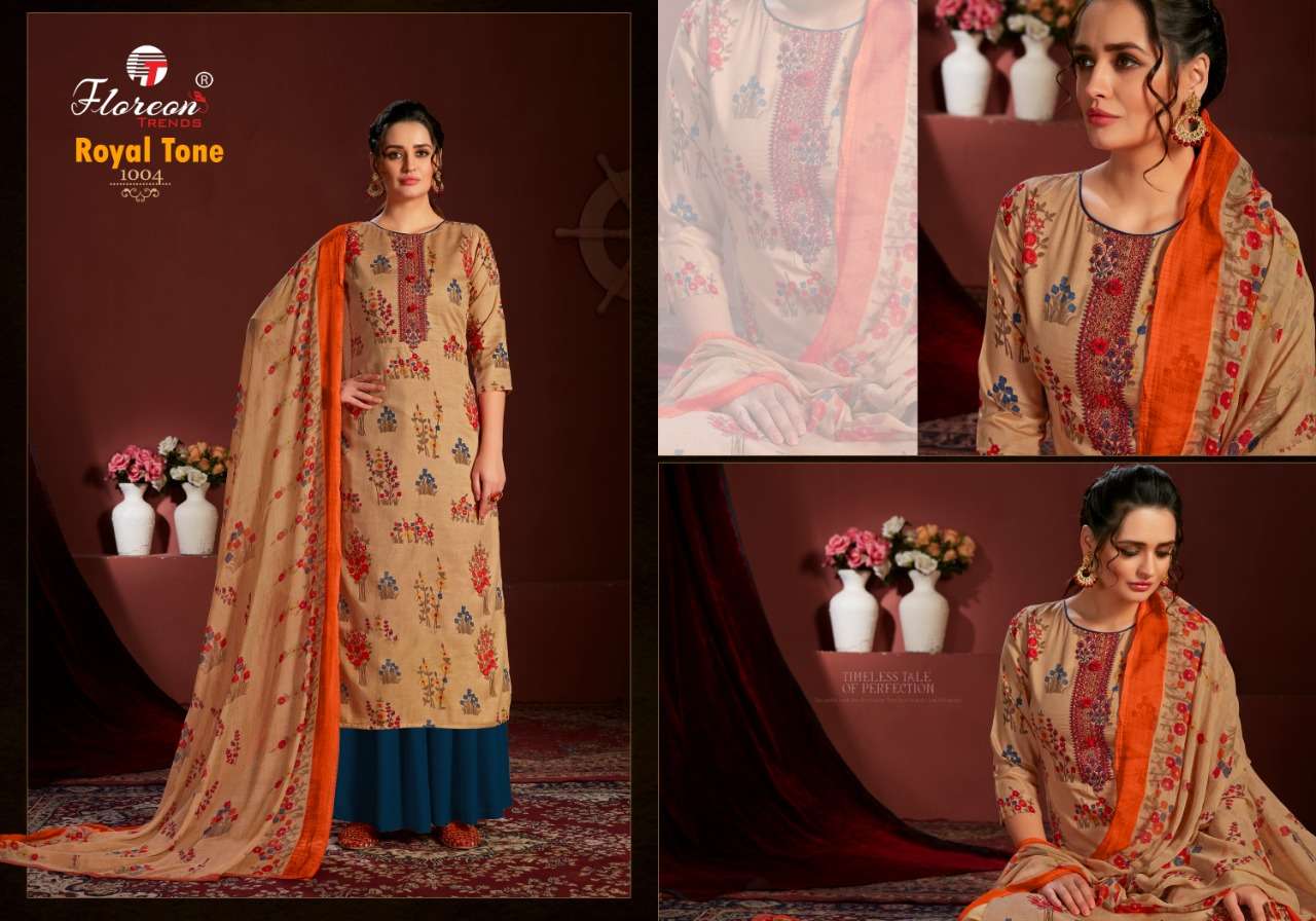ROYAL TONE BY FLOREON TRENDS 1001 TO 1010 SERIES BEAUTIFUL SUITS COLORFUL STYLISH FANCY CASUAL WEAR & ETHNIC WEAR GLACE SATIN COTTON EMBROIDERED DRESSES AT WHOLESALE PRICE