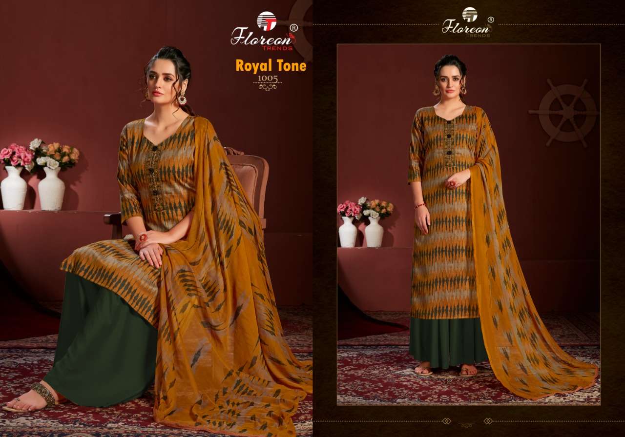 ROYAL TONE BY FLOREON TRENDS 1001 TO 1010 SERIES BEAUTIFUL SUITS COLORFUL STYLISH FANCY CASUAL WEAR & ETHNIC WEAR GLACE SATIN COTTON EMBROIDERED DRESSES AT WHOLESALE PRICE