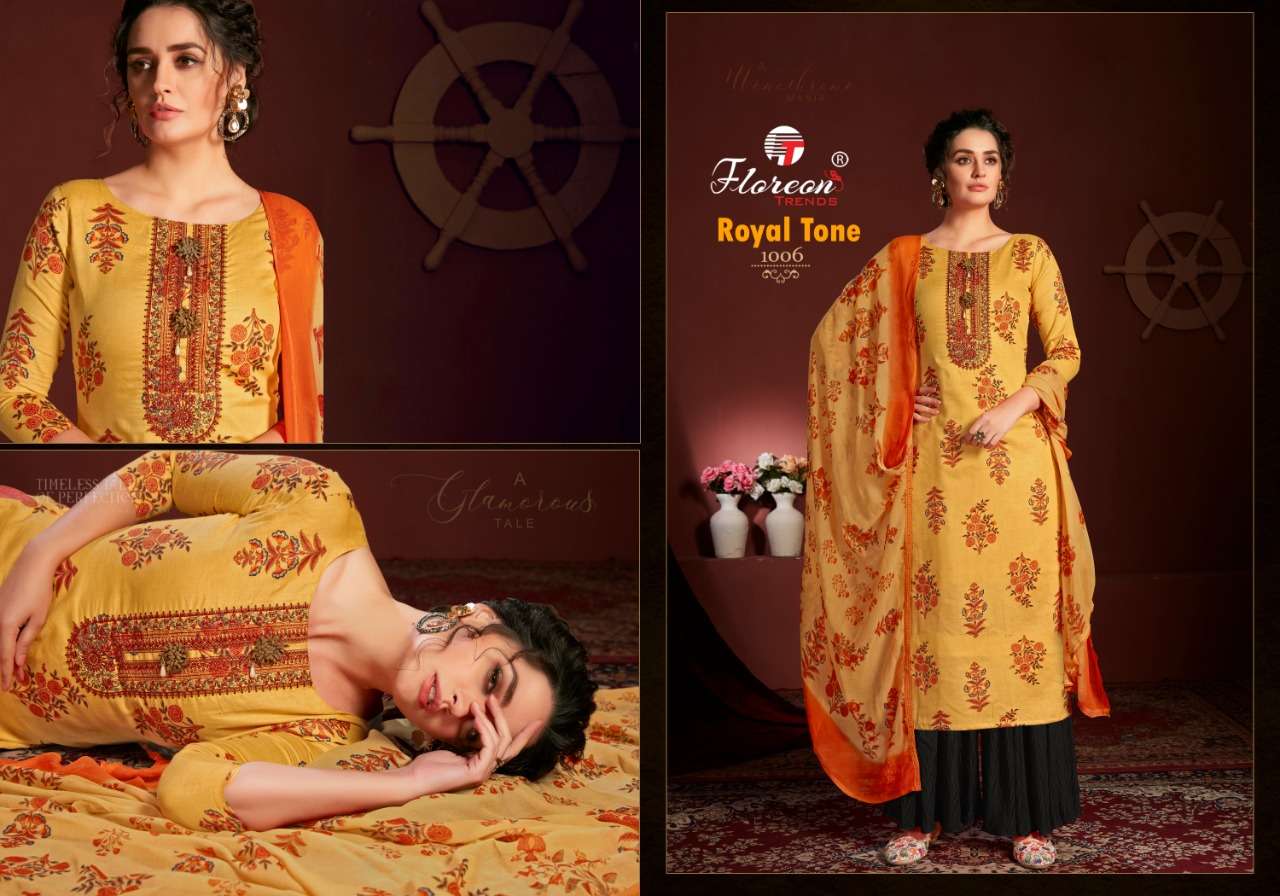 ROYAL TONE BY FLOREON TRENDS 1001 TO 1010 SERIES BEAUTIFUL SUITS COLORFUL STYLISH FANCY CASUAL WEAR & ETHNIC WEAR GLACE SATIN COTTON EMBROIDERED DRESSES AT WHOLESALE PRICE