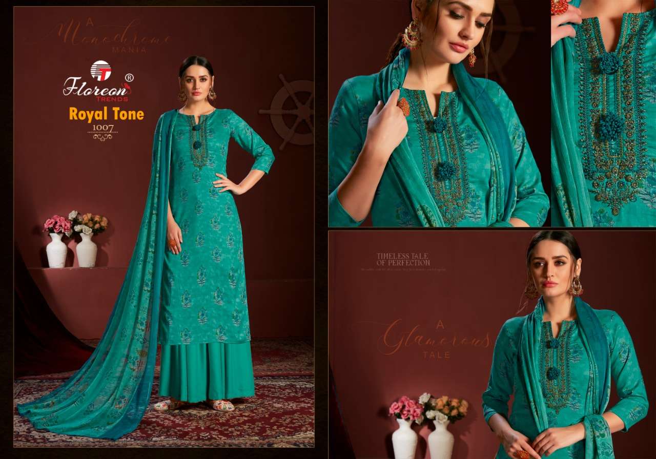 ROYAL TONE BY FLOREON TRENDS 1001 TO 1010 SERIES BEAUTIFUL SUITS COLORFUL STYLISH FANCY CASUAL WEAR & ETHNIC WEAR GLACE SATIN COTTON EMBROIDERED DRESSES AT WHOLESALE PRICE