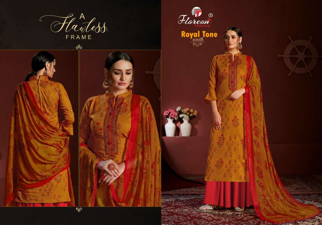 ROYAL TONE BY FLOREON TRENDS 1001 TO 1010 SERIES BEAUTIFUL SUITS COLORFUL STYLISH FANCY CASUAL WEAR & ETHNIC WEAR GLACE SATIN COTTON EMBROIDERED DRESSES AT WHOLESALE PRICE