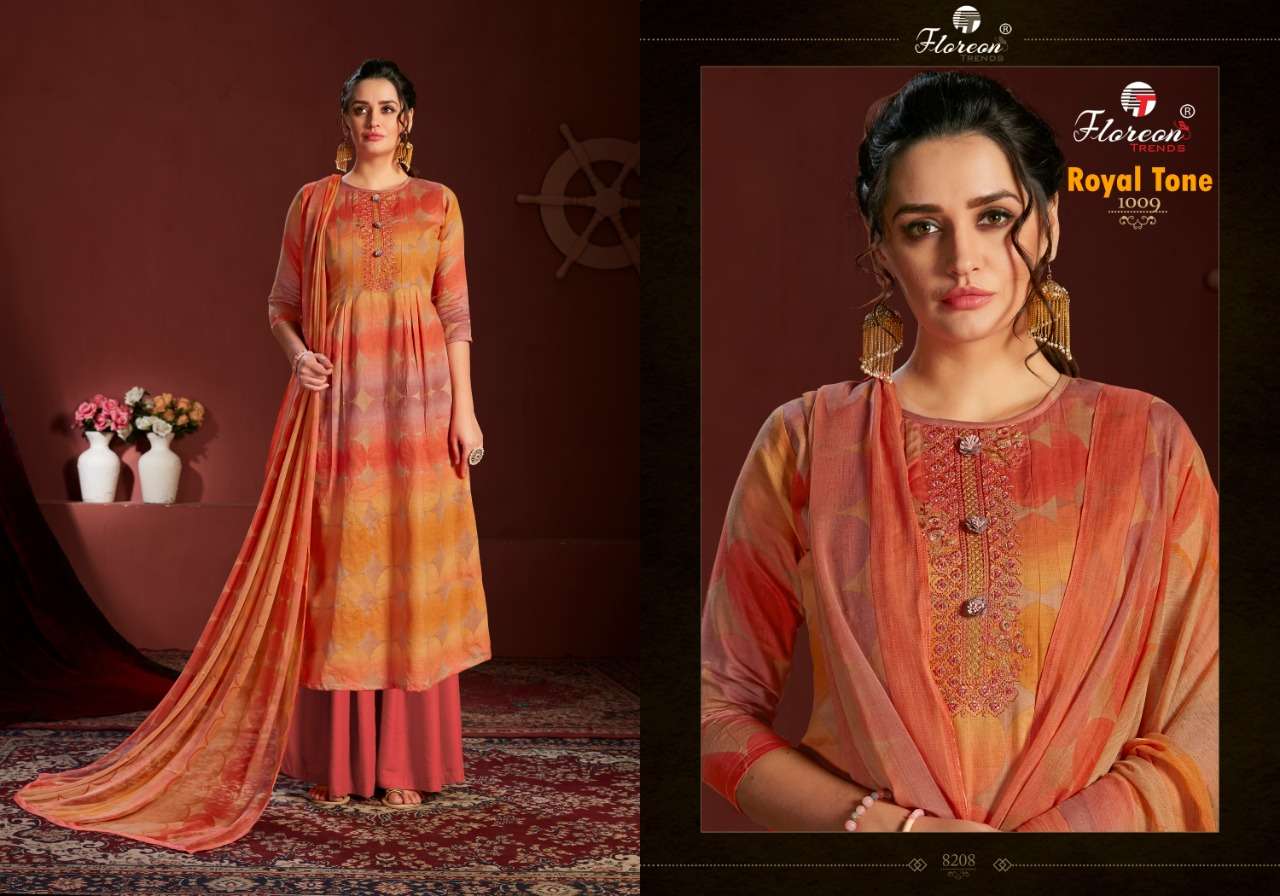 ROYAL TONE BY FLOREON TRENDS 1001 TO 1010 SERIES BEAUTIFUL SUITS COLORFUL STYLISH FANCY CASUAL WEAR & ETHNIC WEAR GLACE SATIN COTTON EMBROIDERED DRESSES AT WHOLESALE PRICE