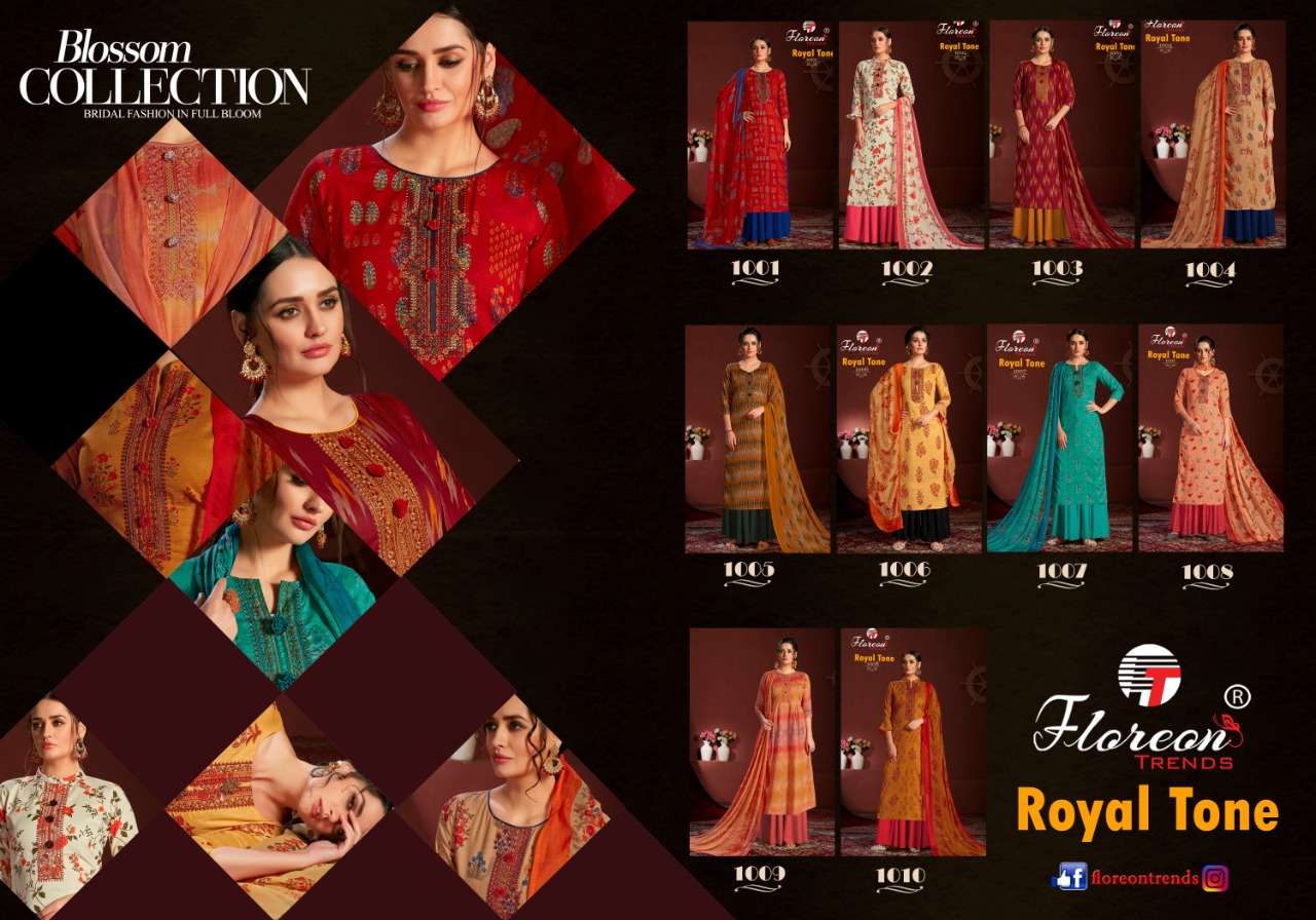 ROYAL TONE BY FLOREON TRENDS 1001 TO 1010 SERIES BEAUTIFUL SUITS COLORFUL STYLISH FANCY CASUAL WEAR & ETHNIC WEAR GLACE SATIN COTTON EMBROIDERED DRESSES AT WHOLESALE PRICE