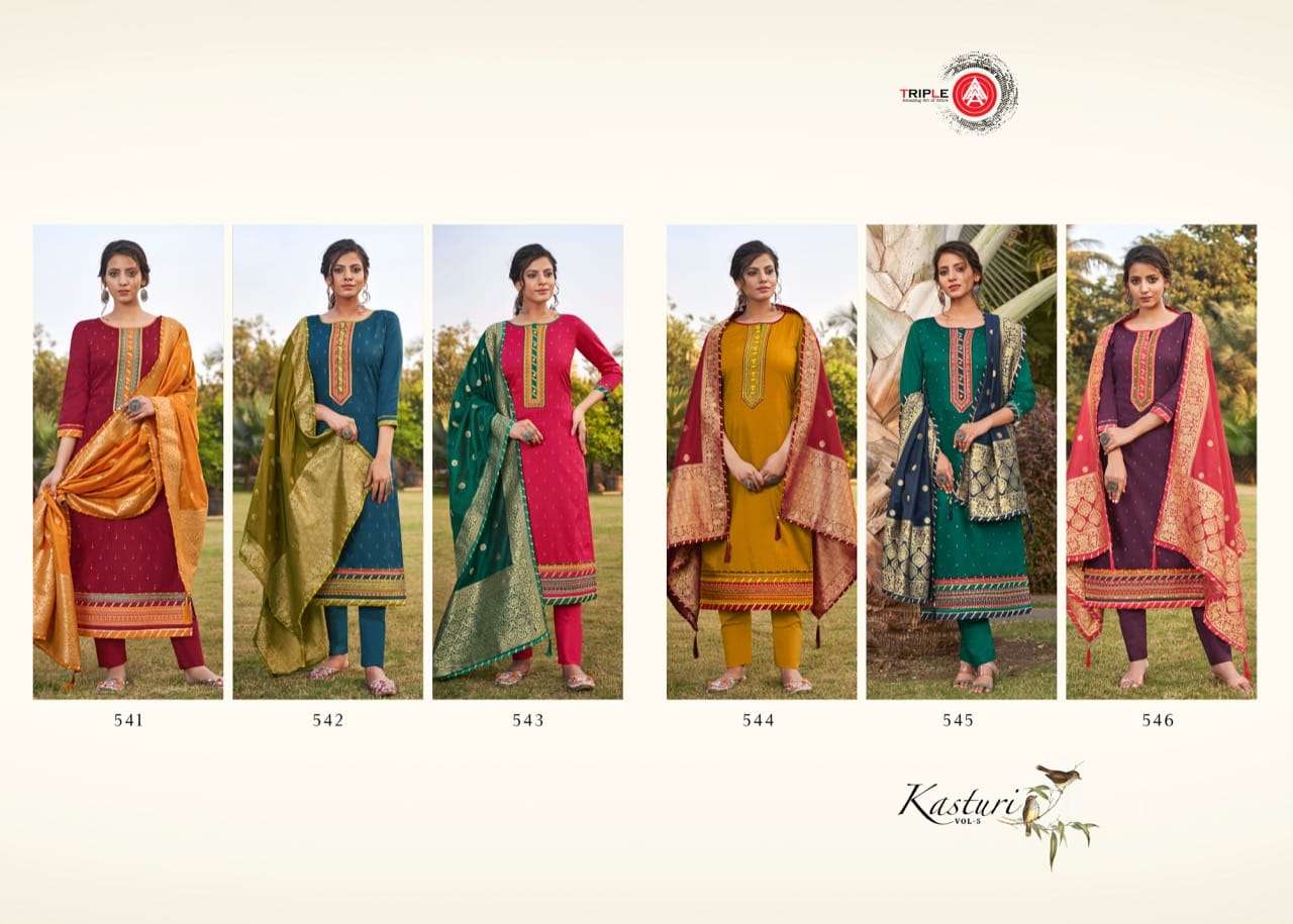 KASTURI VOL-5 BY TRIPLE AAA 541 TO 546 SERIES BEAUTIFUL STYLISH FANCY COLORFUL CASUAL WEAR & ETHNIC WEAR & READY TO WEAR JAM SILK DRESSES AT WHOLESALE PRICE