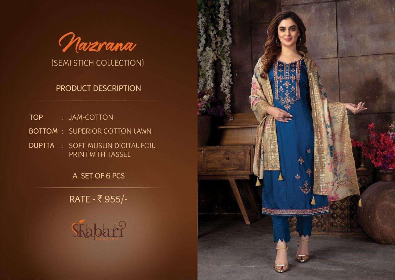 NAZRANA BY SHABARI FASHION 1033 TO 1038 SERIES BEAUTIFUL STYLISH SHARARA SUITS FANCY COLORFUL CASUAL WEAR & ETHNIC WEAR & READY TO WEAR JAM COTTON EMBROIDERED DRESSES AT WHOLESALE PRICE