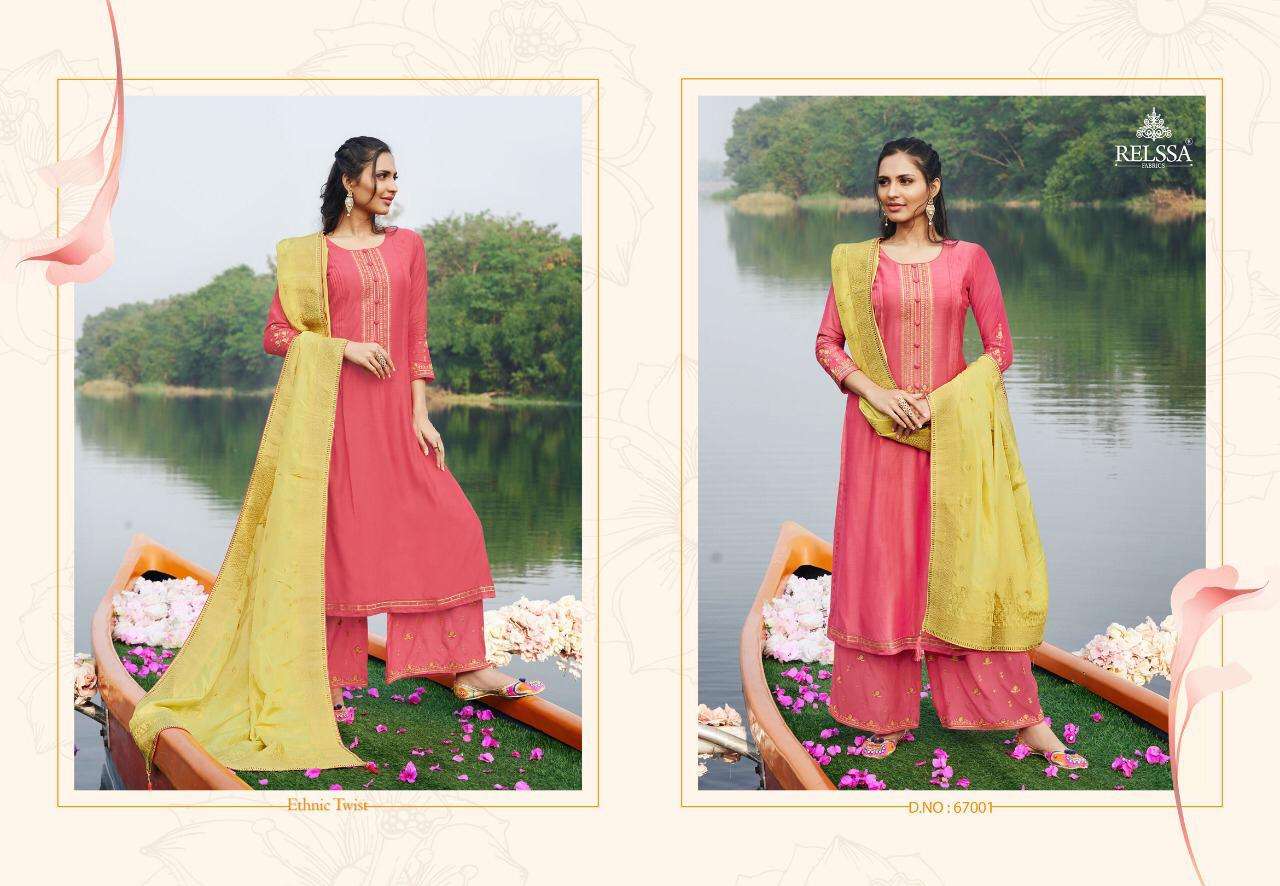 SOCH BY RELSSA FABRICS 67001 TO 67006 SERIES BEAUTIFUL SUITS COLORFUL STYLISH FANCY CASUAL WEAR & ETHNIC WEAR PURE MUSLIN SILK DRESSES AT WHOLESALE PRICE