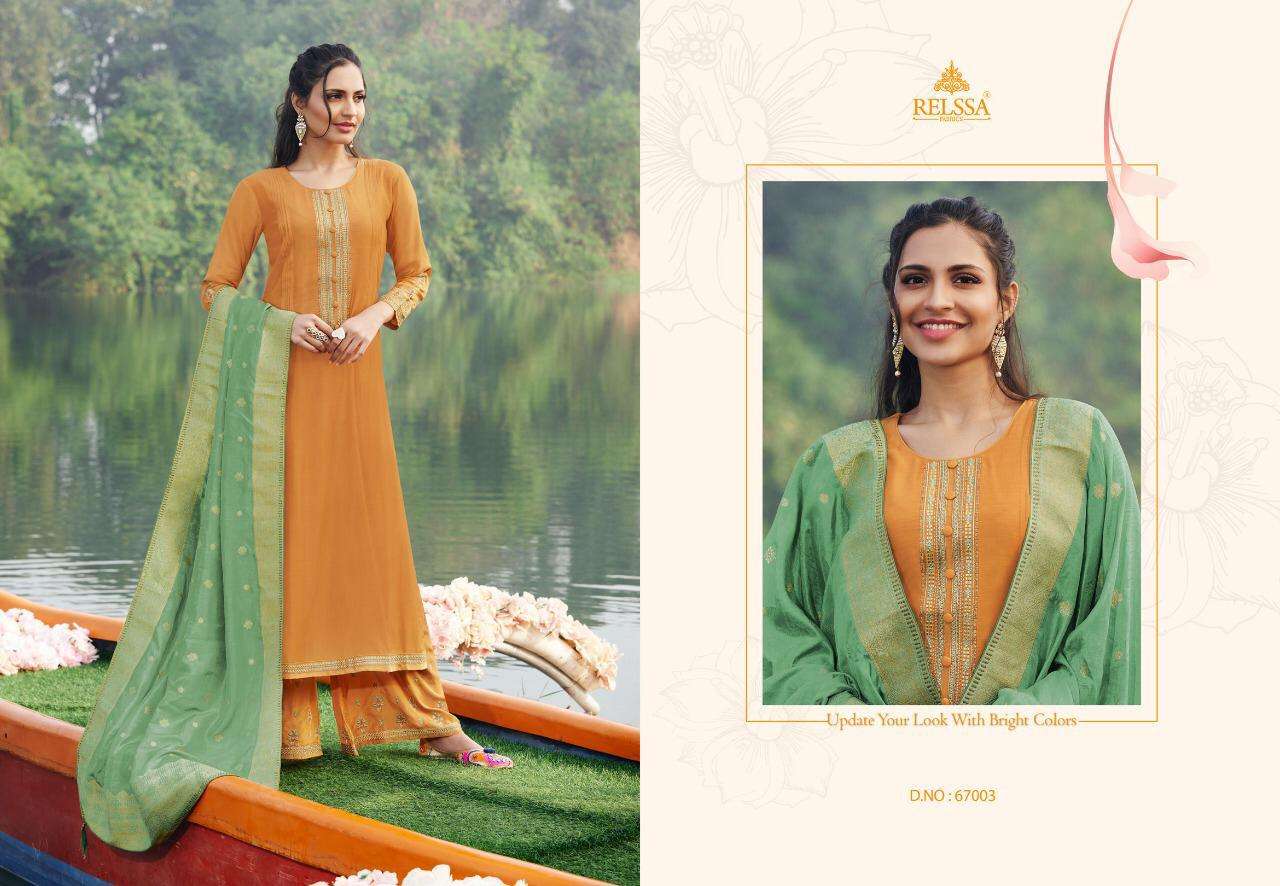 SOCH BY RELSSA FABRICS 67001 TO 67006 SERIES BEAUTIFUL SUITS COLORFUL STYLISH FANCY CASUAL WEAR & ETHNIC WEAR PURE MUSLIN SILK DRESSES AT WHOLESALE PRICE