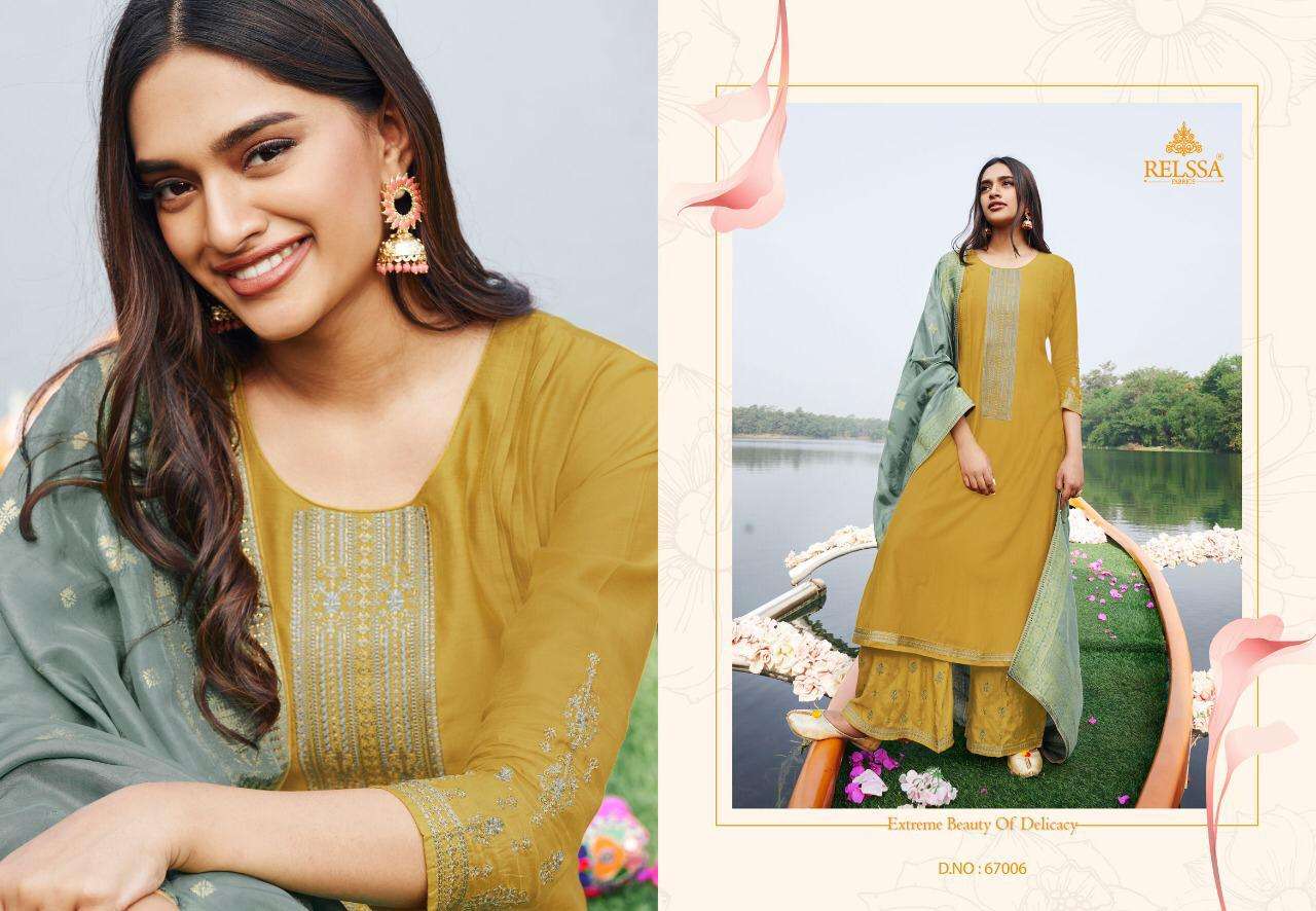 SOCH BY RELSSA FABRICS 67001 TO 67006 SERIES BEAUTIFUL SUITS COLORFUL STYLISH FANCY CASUAL WEAR & ETHNIC WEAR PURE MUSLIN SILK DRESSES AT WHOLESALE PRICE