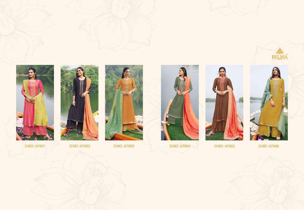 SOCH BY RELSSA FABRICS 67001 TO 67006 SERIES BEAUTIFUL SUITS COLORFUL STYLISH FANCY CASUAL WEAR & ETHNIC WEAR PURE MUSLIN SILK DRESSES AT WHOLESALE PRICE