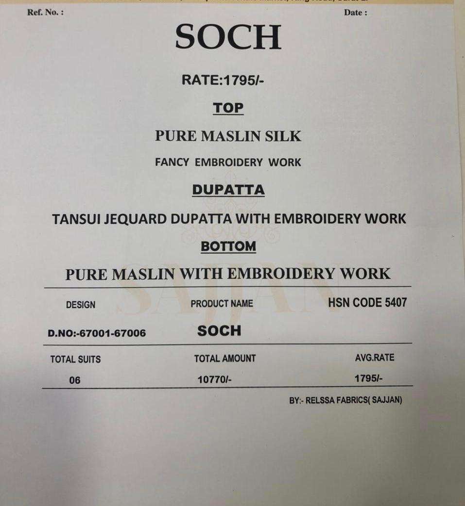SOCH BY RELSSA FABRICS 67001 TO 67006 SERIES BEAUTIFUL SUITS COLORFUL STYLISH FANCY CASUAL WEAR & ETHNIC WEAR PURE MUSLIN SILK DRESSES AT WHOLESALE PRICE