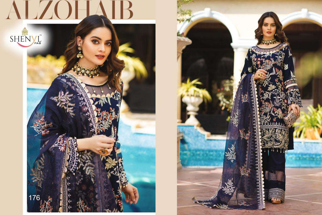 ALZOHAIB BY SHENYL 171 TO 176 SERIES BEAUTIFUL SUITS STYLISH COLORFUL FANCY CASUAL WEAR & ETHNIC WEAR FAUX GEORGETTE EMBROIDERED DRESSES AT WHOLESALE PRICE