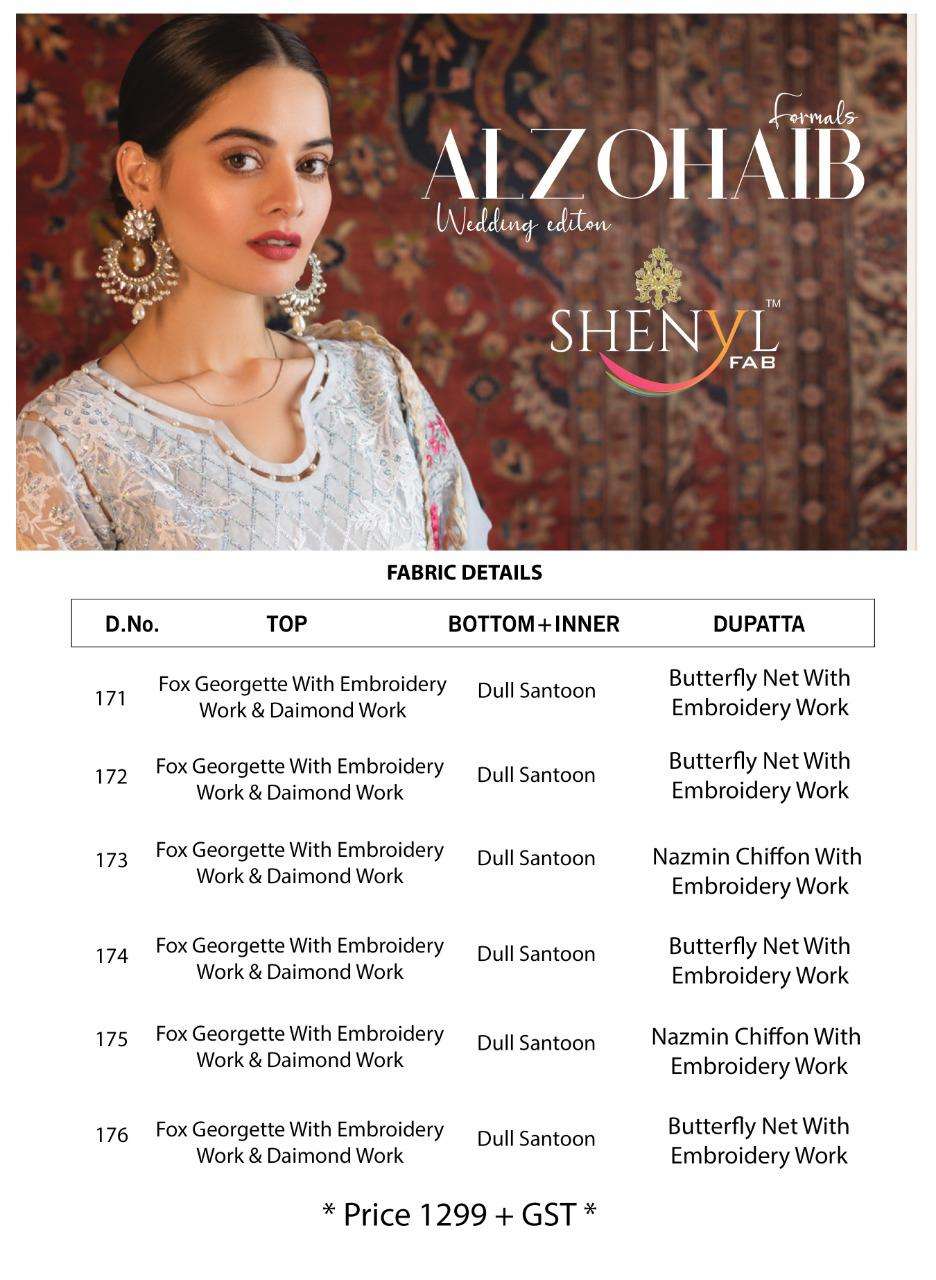 ALZOHAIB BY SHENYL 171 TO 176 SERIES BEAUTIFUL SUITS STYLISH COLORFUL FANCY CASUAL WEAR & ETHNIC WEAR FAUX GEORGETTE EMBROIDERED DRESSES AT WHOLESALE PRICE