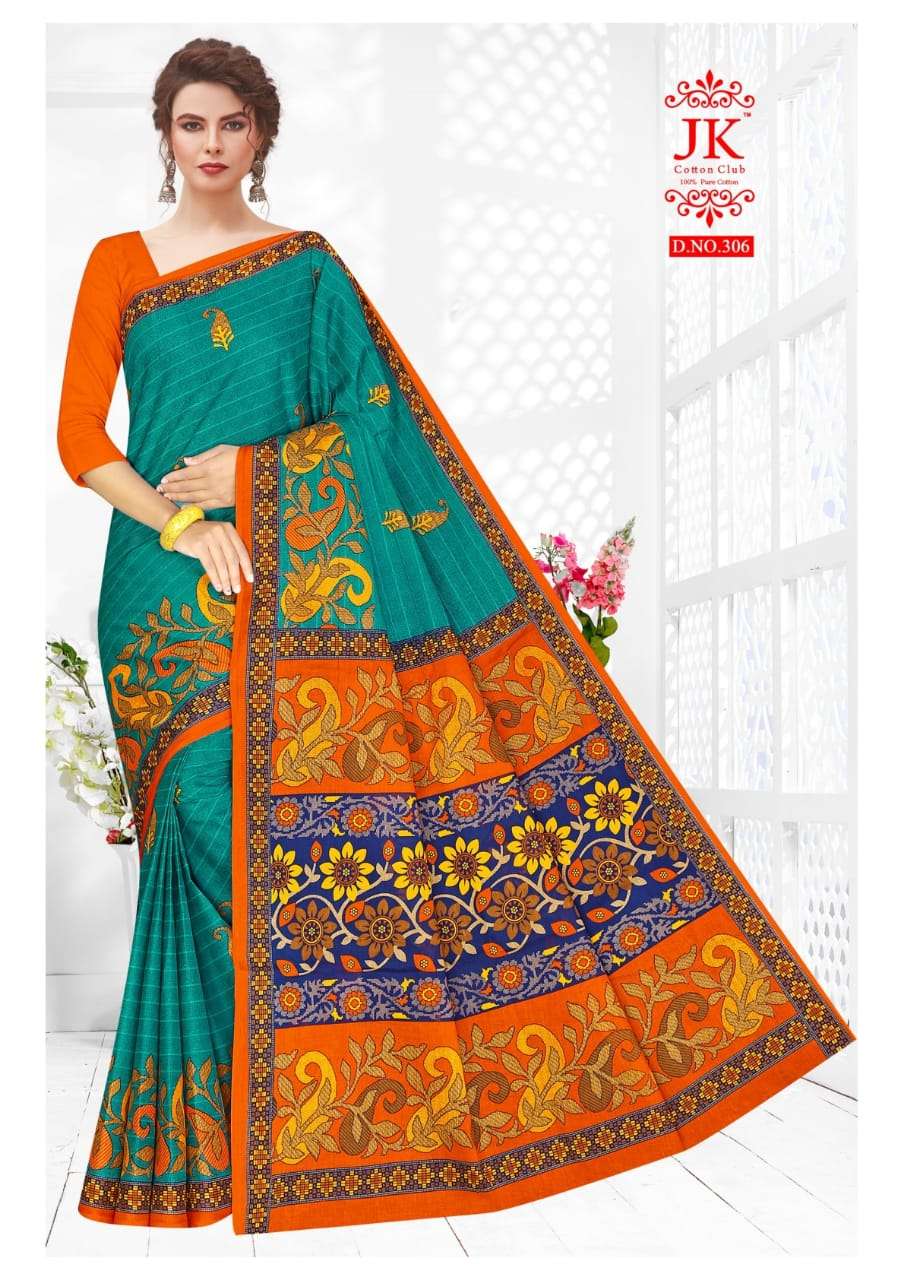 KANGANA VOL-3 BY JK COTTON CLUB 301 TO 312 SERIES INDIAN TRADITIONAL WEAR COLLECTION BEAUTIFUL STYLISH FANCY COLORFUL PARTY WEAR & OCCASIONAL WEAR PURE COTTON SAREES AT WHOLESALE PRICE