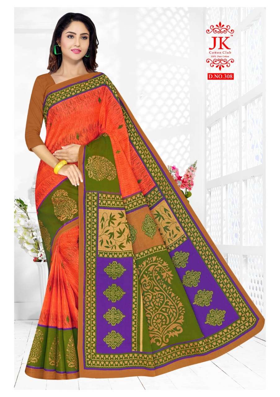 KANGANA VOL-3 BY JK COTTON CLUB 301 TO 312 SERIES INDIAN TRADITIONAL WEAR COLLECTION BEAUTIFUL STYLISH FANCY COLORFUL PARTY WEAR & OCCASIONAL WEAR PURE COTTON SAREES AT WHOLESALE PRICE