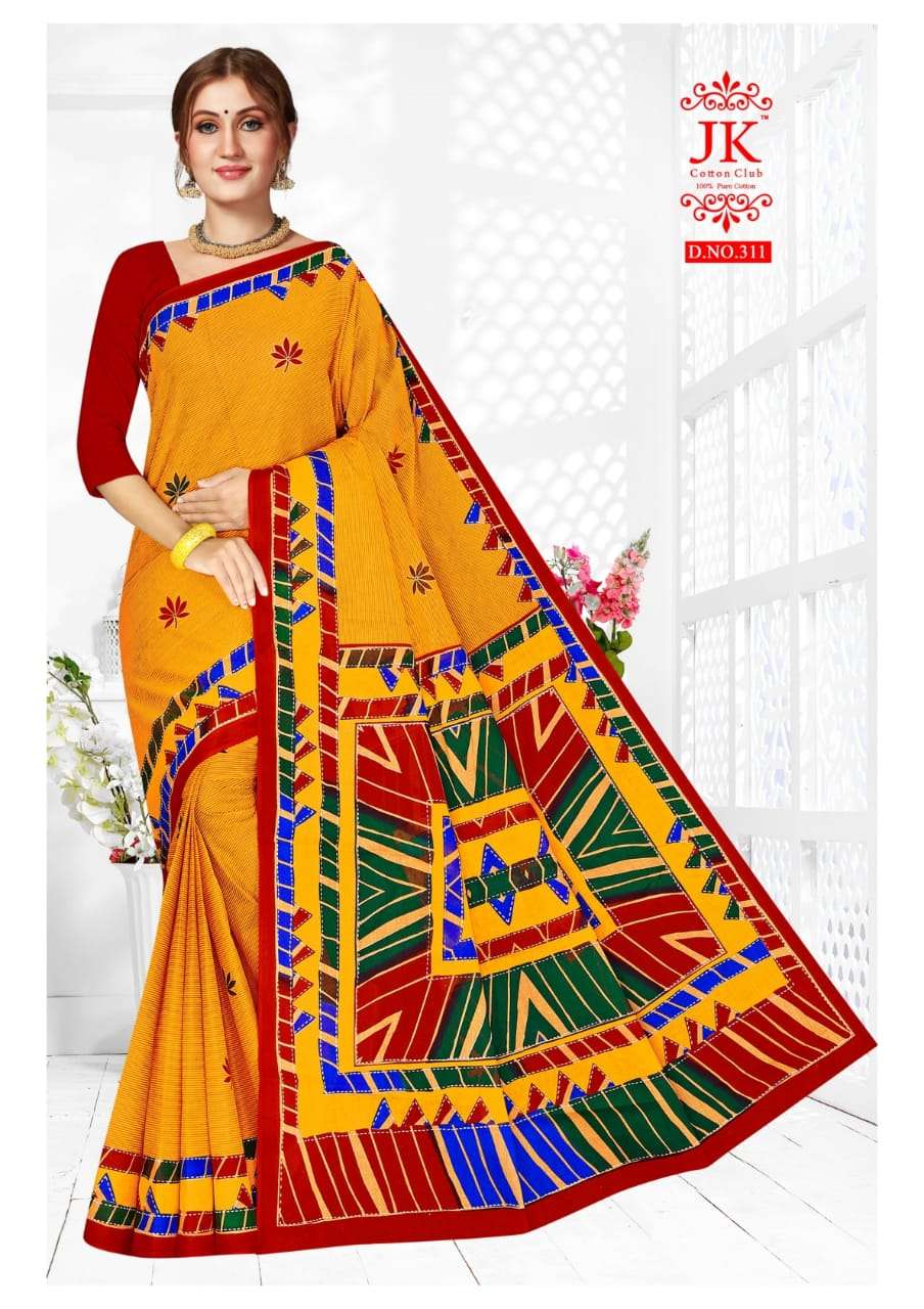 KANGANA VOL-3 BY JK COTTON CLUB 301 TO 312 SERIES INDIAN TRADITIONAL WEAR COLLECTION BEAUTIFUL STYLISH FANCY COLORFUL PARTY WEAR & OCCASIONAL WEAR PURE COTTON SAREES AT WHOLESALE PRICE